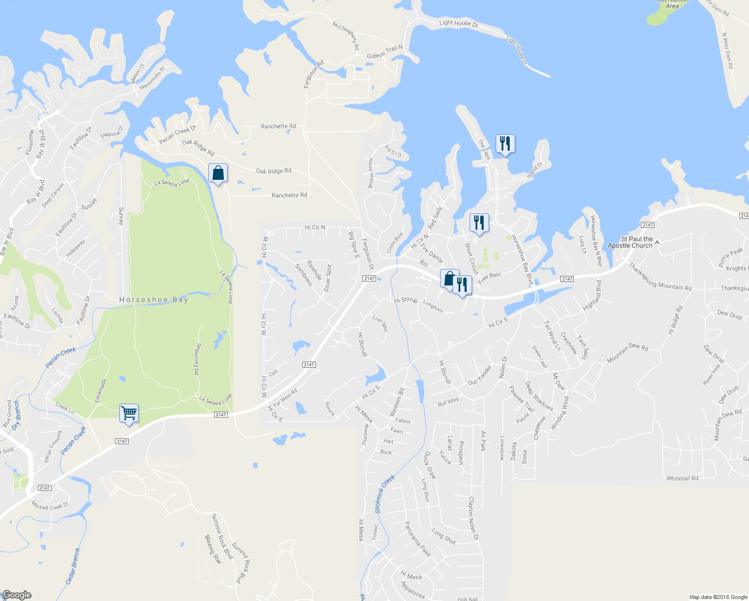 map of restaurants, bars, coffee shops, grocery stores, and more near 1008 Hi Stirrup in Horseshoe Bay