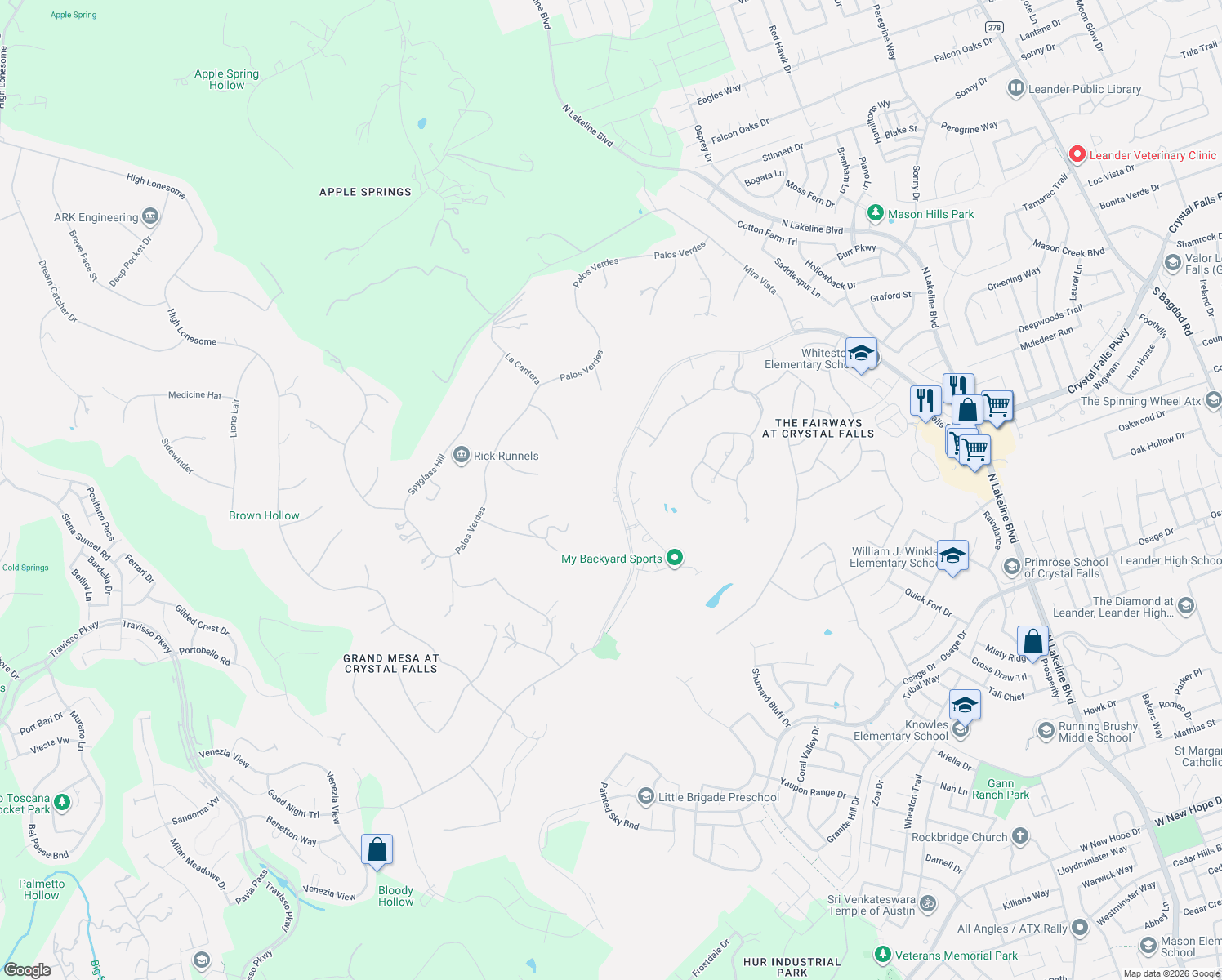 map of restaurants, bars, coffee shops, grocery stores, and more near 3007 Crystal Falls Parkway in Leander