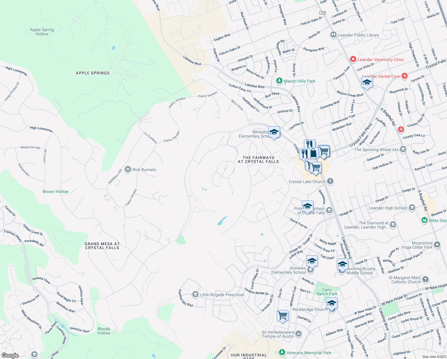 map of restaurants, bars, coffee shops, grocery stores, and more near 2308 Gift Horse Pass in Leander