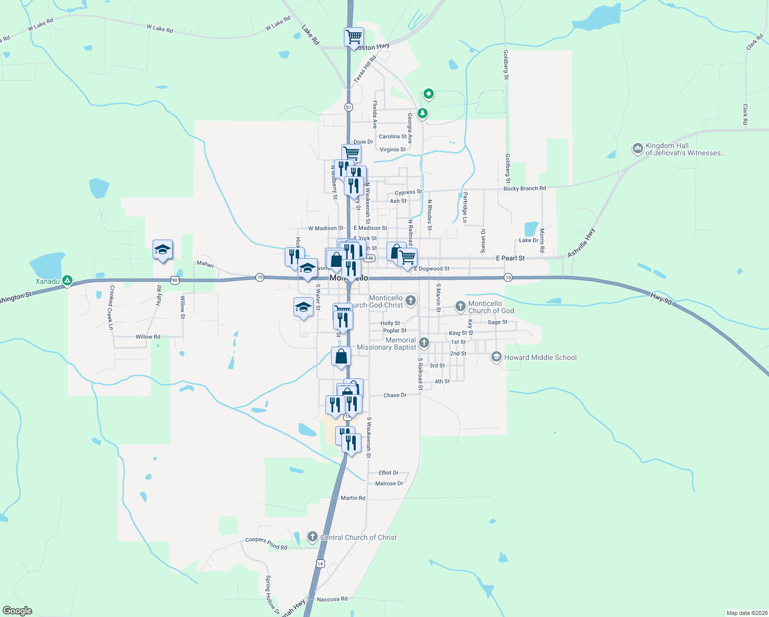 map of restaurants, bars, coffee shops, grocery stores, and more near 390 Maple Street in Monticello