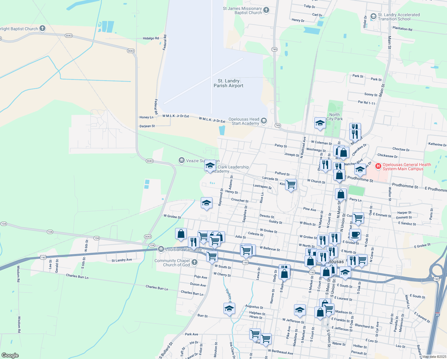 map of restaurants, bars, coffee shops, grocery stores, and more near 850 Raymond Street in Opelousas