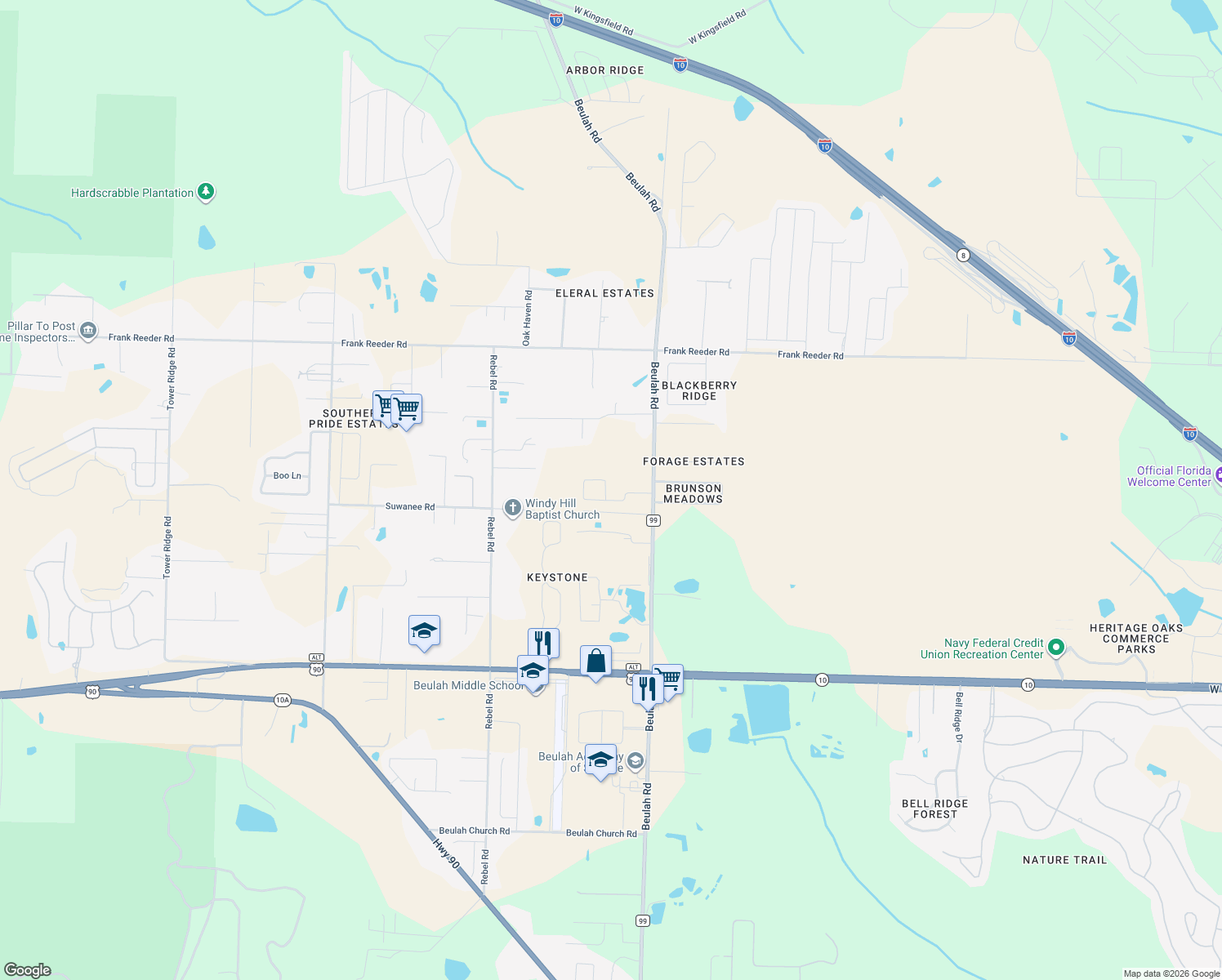 map of restaurants, bars, coffee shops, grocery stores, and more near 9995 Beulah Road in Pensacola