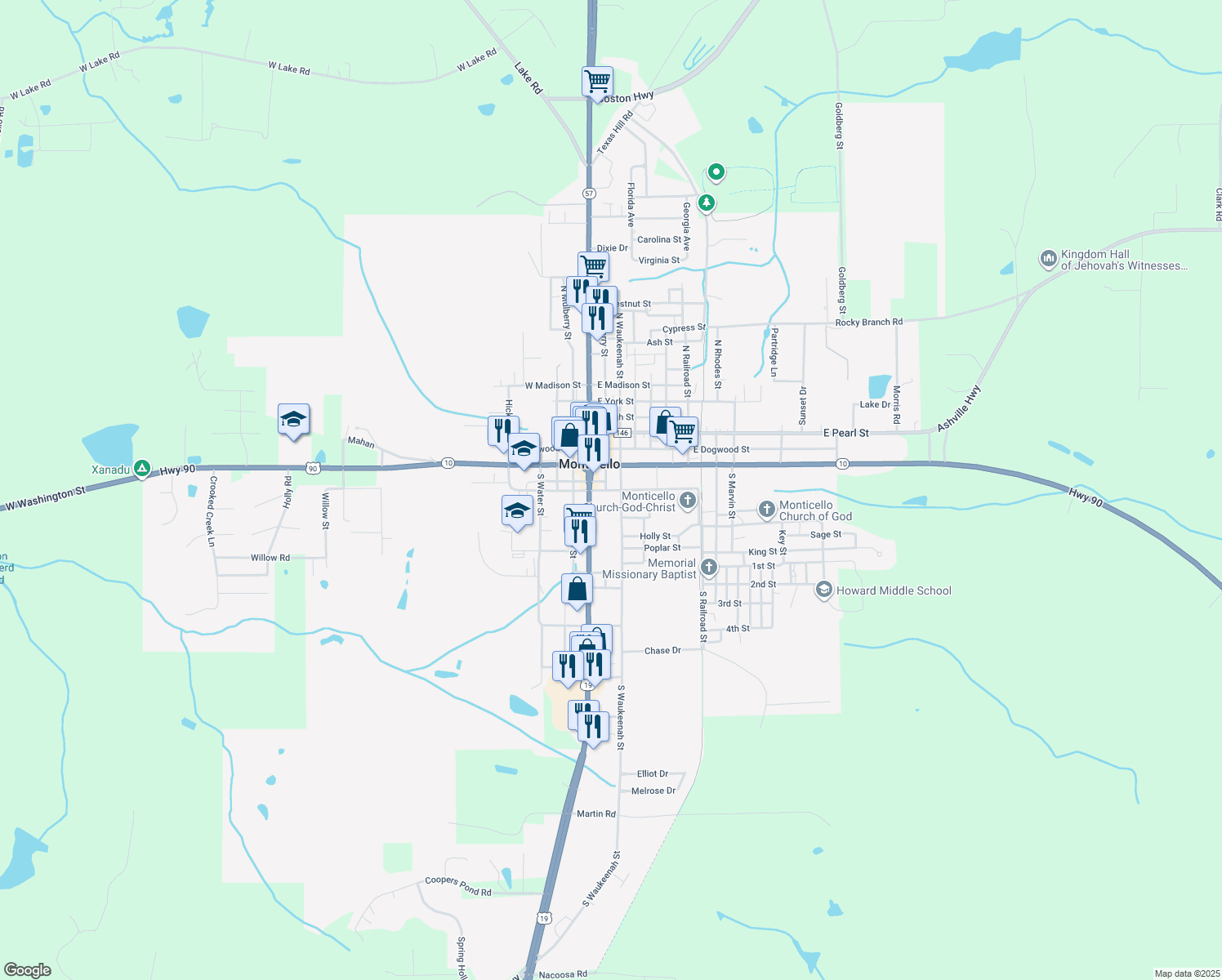 map of restaurants, bars, coffee shops, grocery stores, and more near 186 East Palmer Mill Road in Monticello