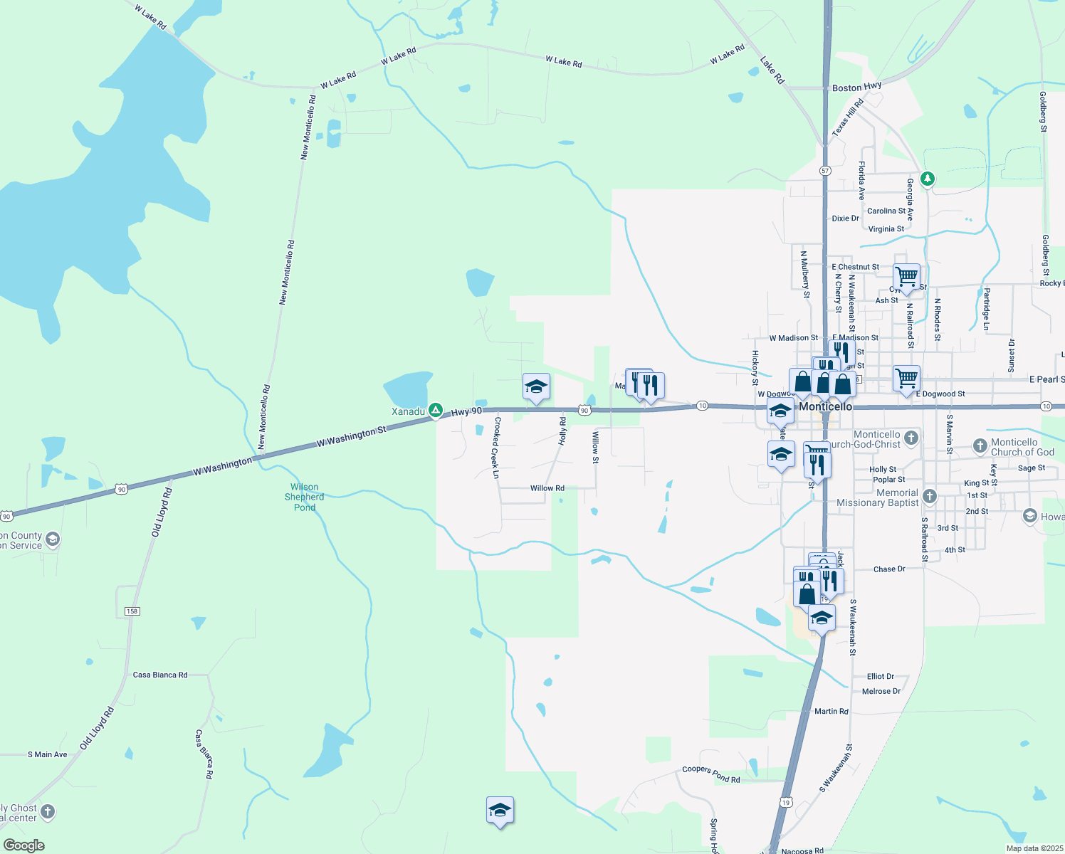 map of restaurants, bars, coffee shops, grocery stores, and more near 1580 Live Oak Road in Monticello