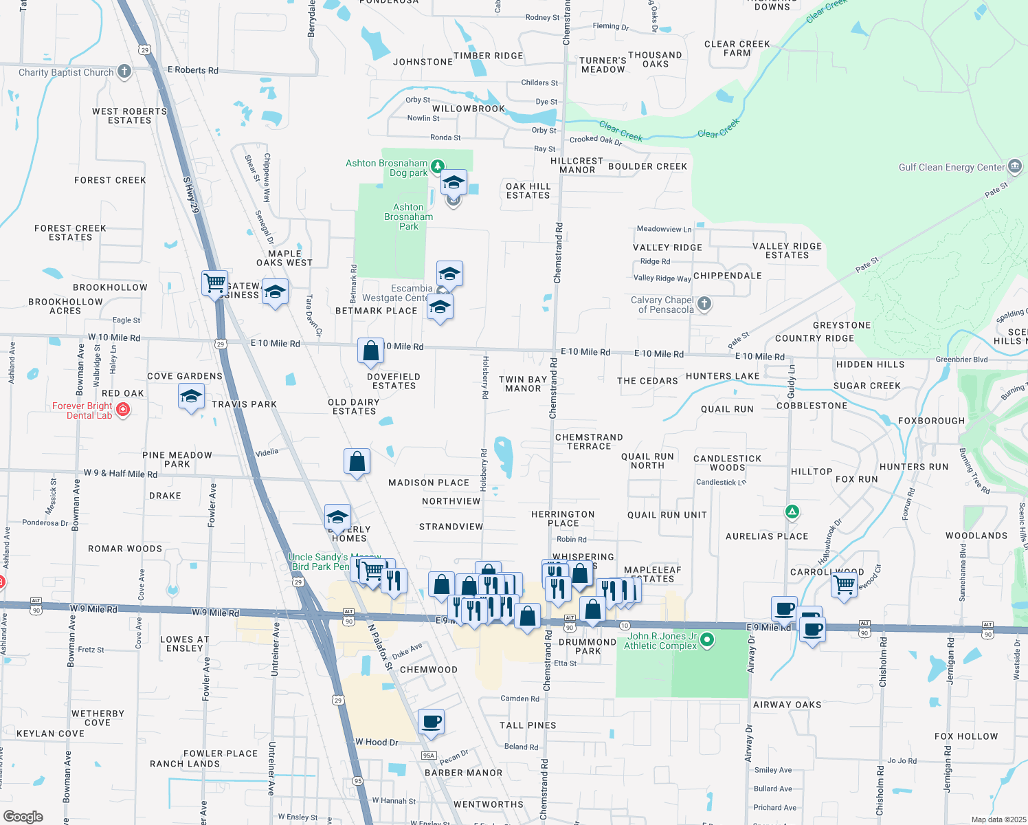map of restaurants, bars, coffee shops, grocery stores, and more near 10194 Holsberry Road in Pensacola