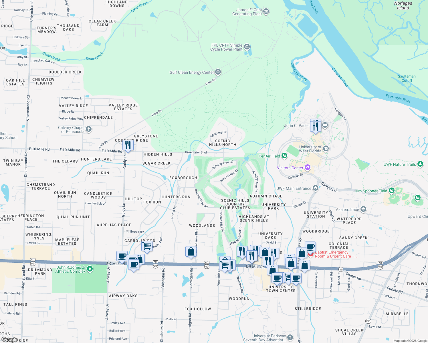 map of restaurants, bars, coffee shops, grocery stores, and more near 8873 Burning Tree Road in Pensacola