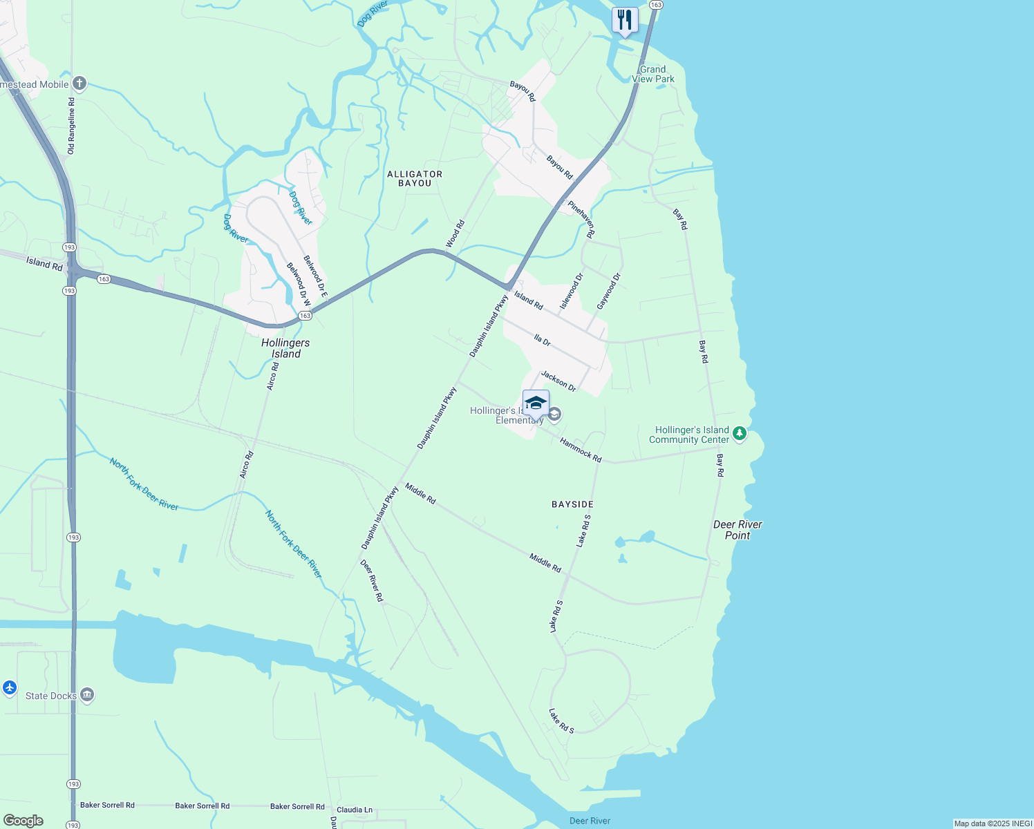 map of restaurants, bars, coffee shops, grocery stores, and more near 2073 Hammock Road in Mobile