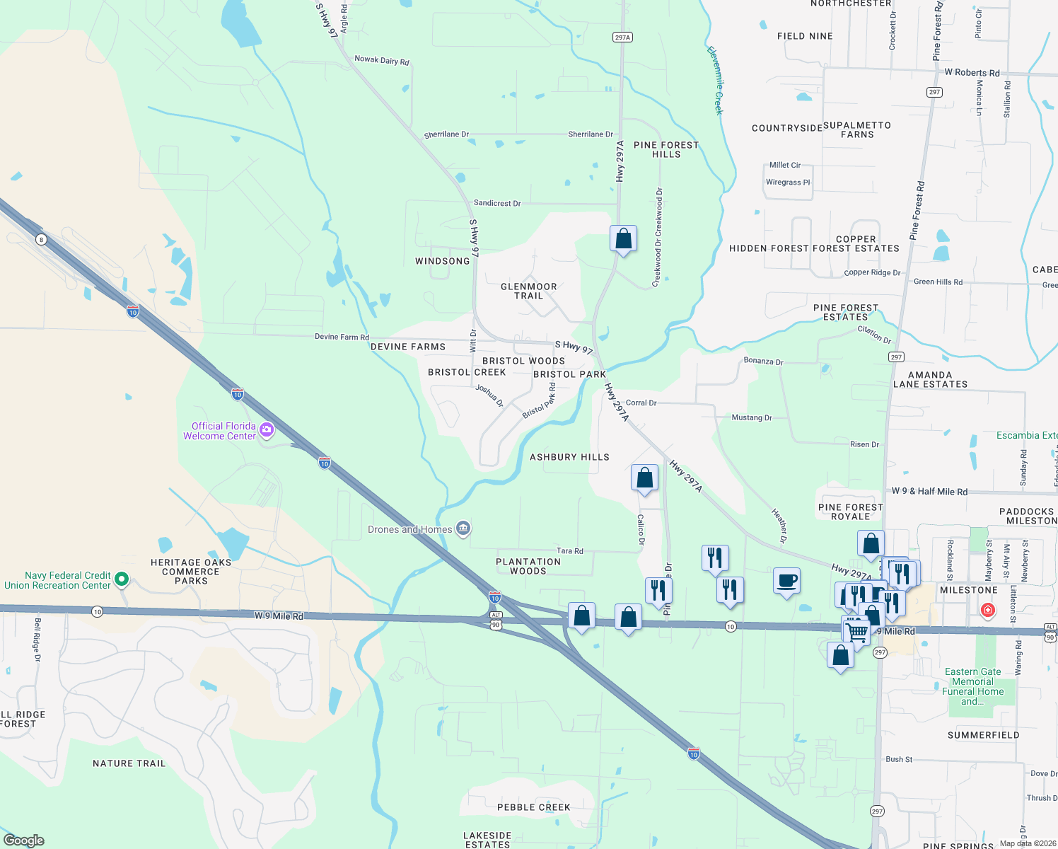 map of restaurants, bars, coffee shops, grocery stores, and more near 10060 Bristol Park Road in Escambia County
