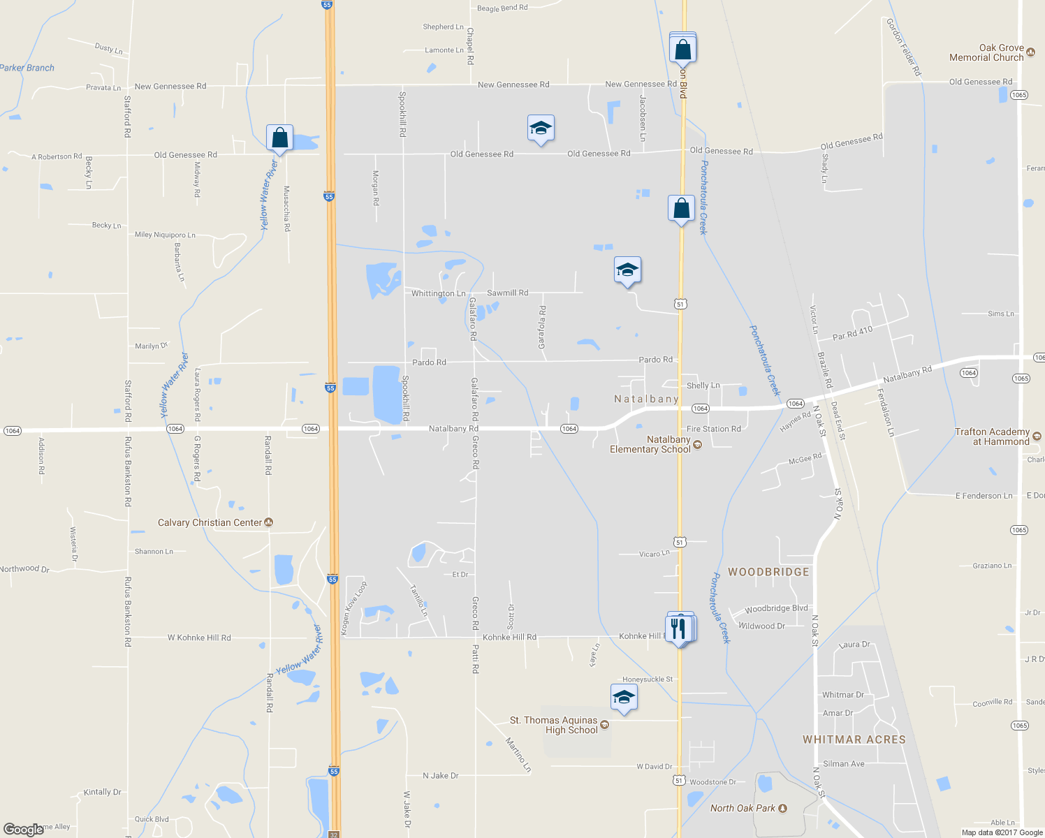map of restaurants, bars, coffee shops, grocery stores, and more near 14481 Louisiana 1064 in Tickfaw