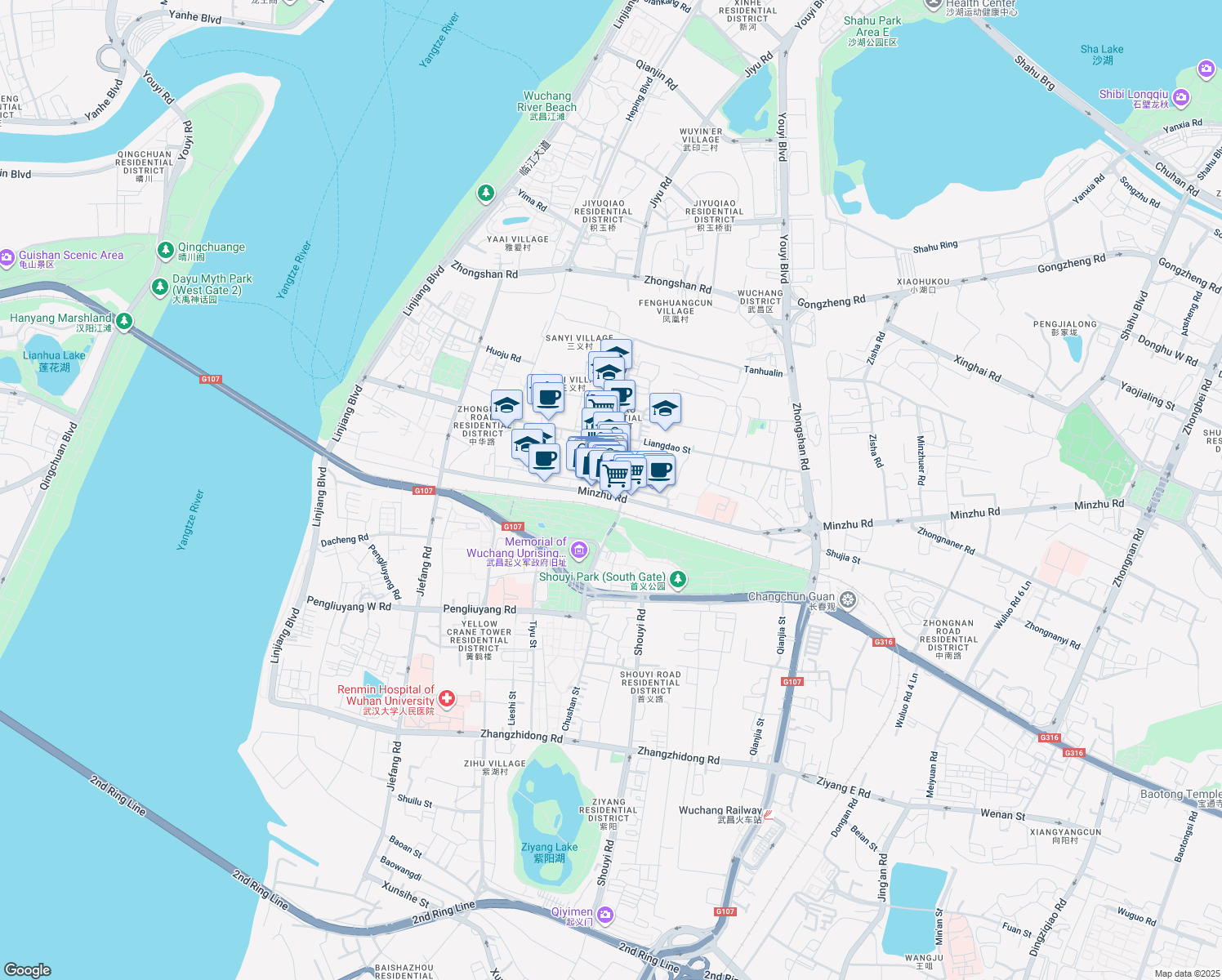 map of restaurants, bars, coffee shops, grocery stores, and more near 3 Yanzhi Road in Wuhan Shi