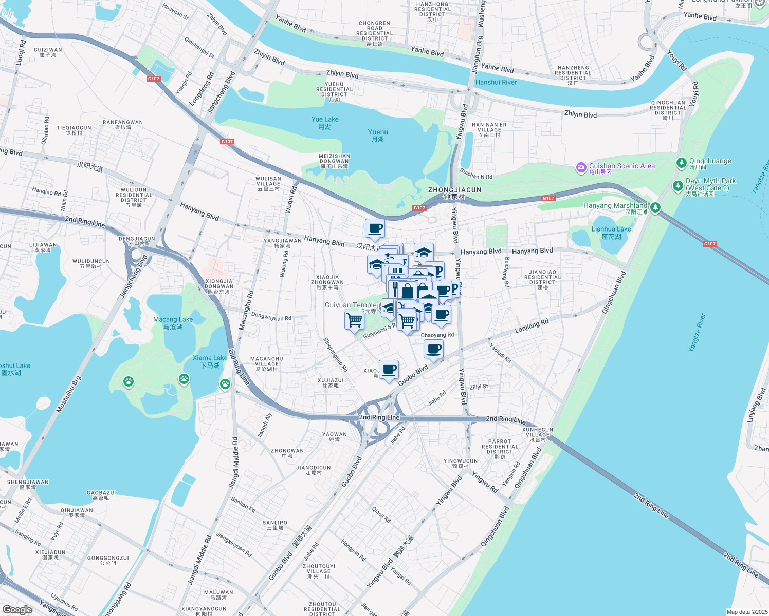 map of restaurants, bars, coffee shops, grocery stores, and more near 20 Gui Yuan Si Lu in Wu Han Shi