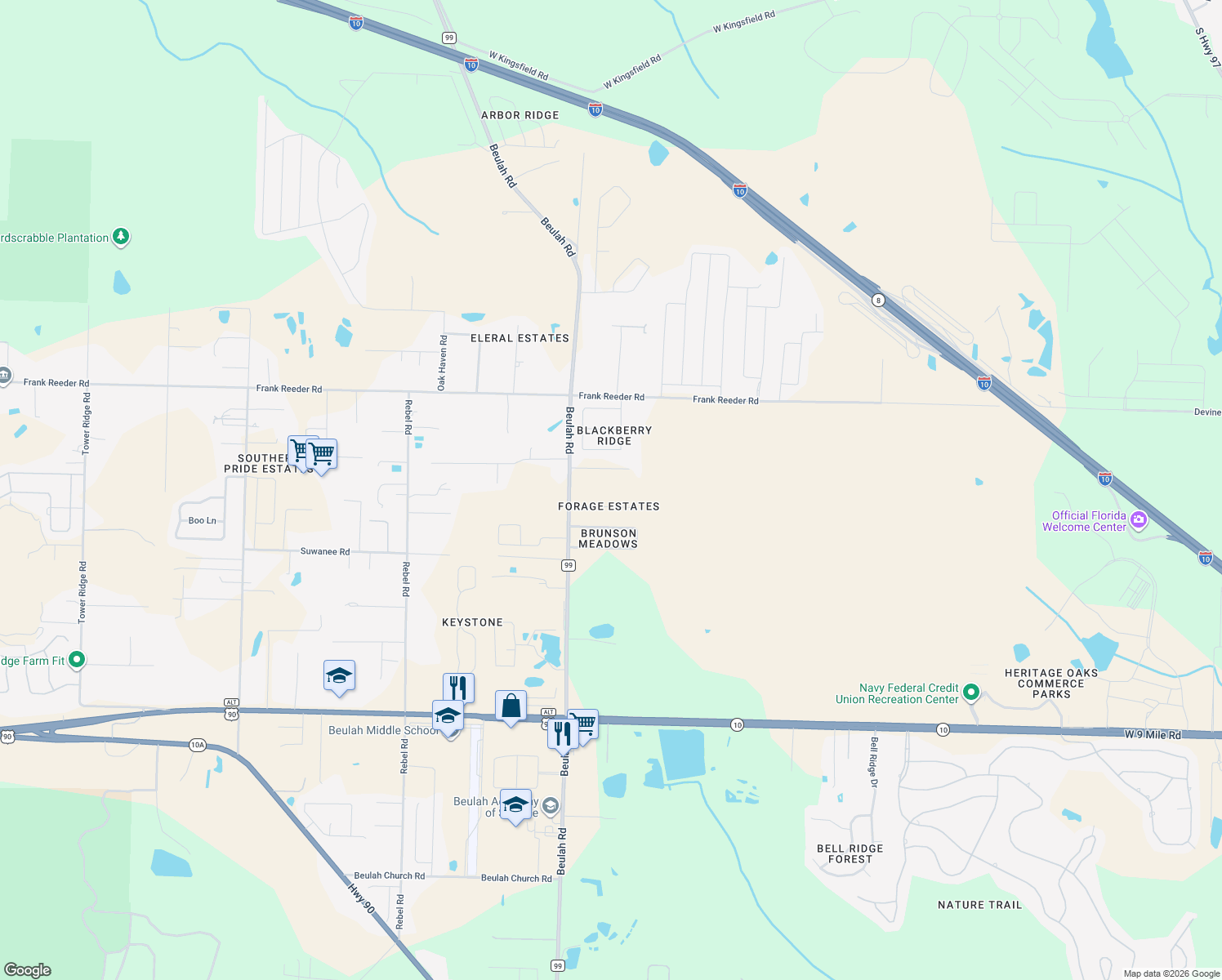 map of restaurants, bars, coffee shops, grocery stores, and more near 10020 Beulah Road in Pensacola