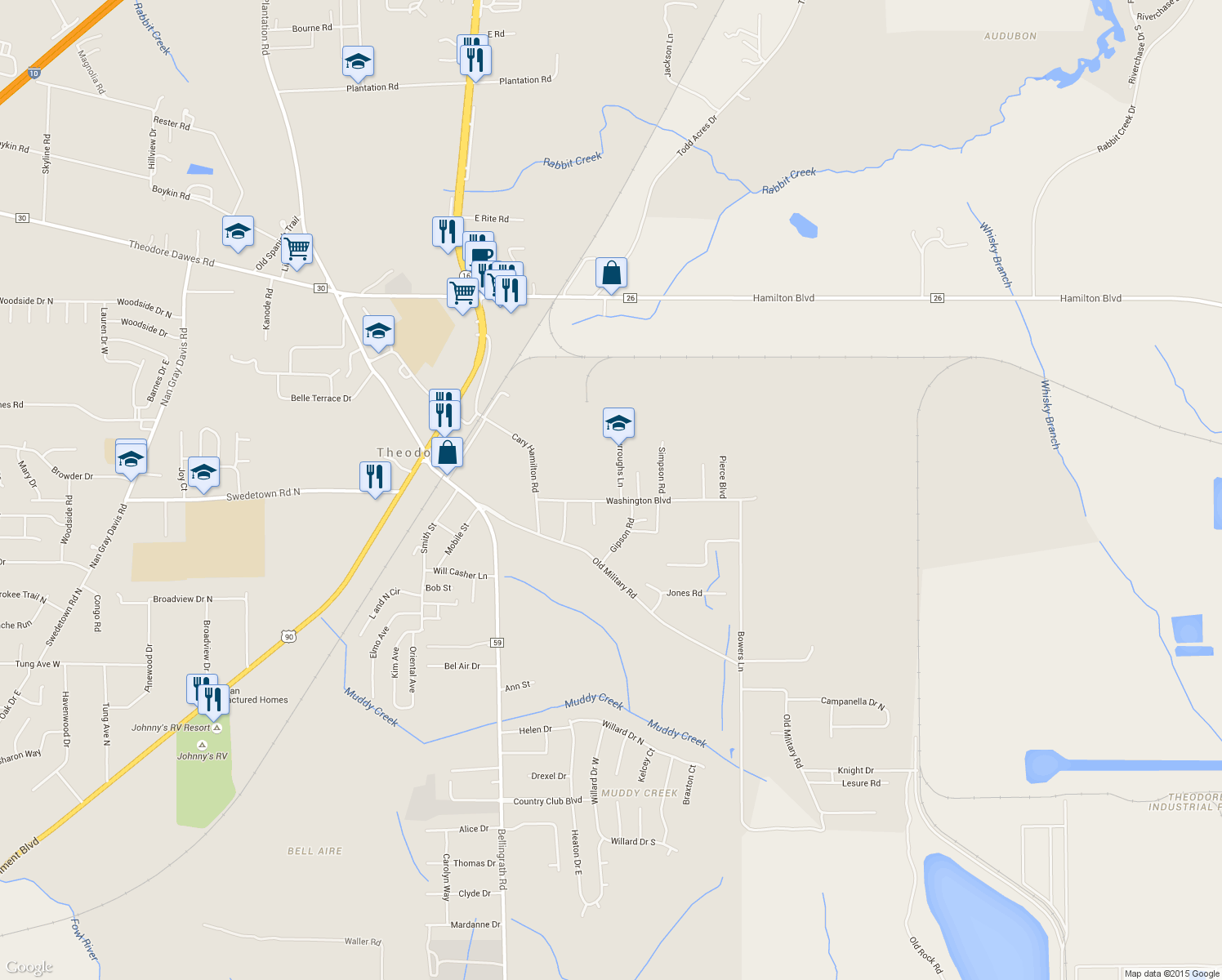 map of restaurants, bars, coffee shops, grocery stores, and more near 6980 Burroughs Lane in Theodore