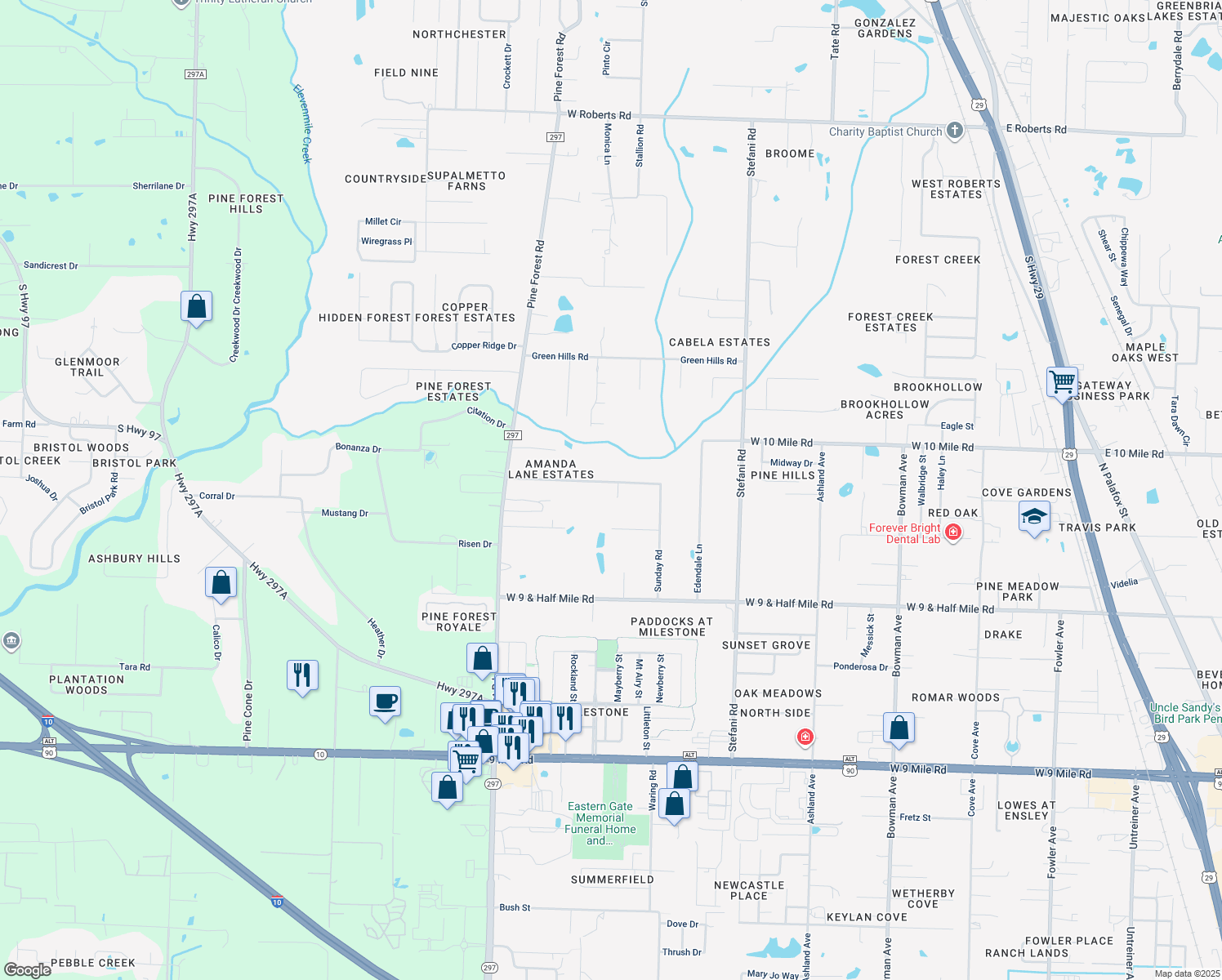 map of restaurants, bars, coffee shops, grocery stores, and more near 1641 Amanda Lane in Ensley