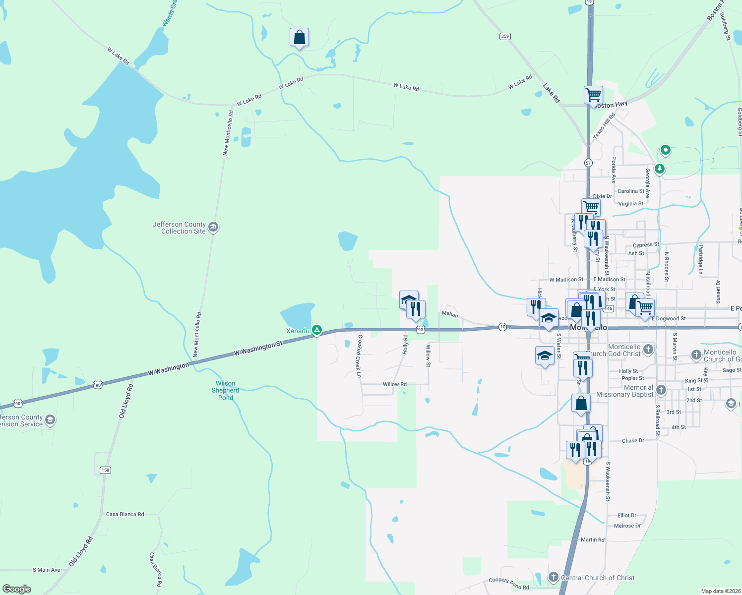 map of restaurants, bars, coffee shops, grocery stores, and more near 23 West Bryant Court in Monticello