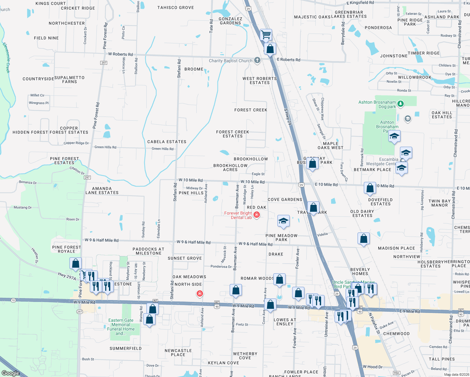 map of restaurants, bars, coffee shops, grocery stores, and more near 10341 Bowman Avenue in Pensacola