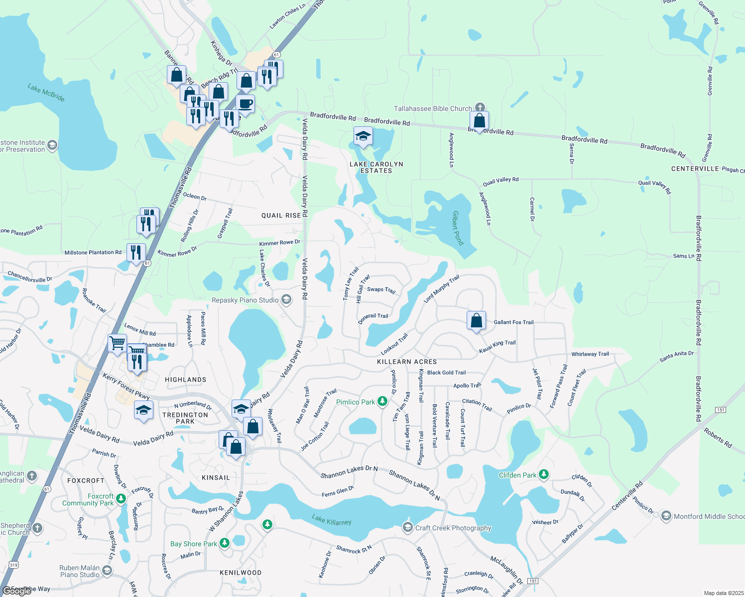 map of restaurants, bars, coffee shops, grocery stores, and more near 3112 Elwood Trail in Tallahassee