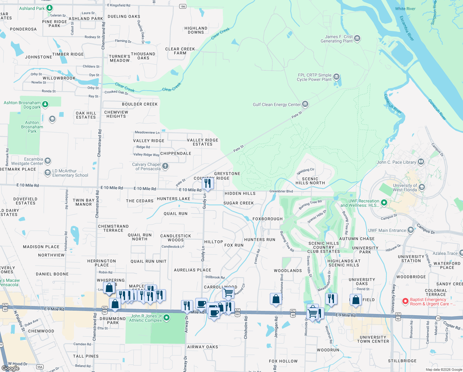 map of restaurants, bars, coffee shops, grocery stores, and more near 1220 Greystone Lane in Pensacola
