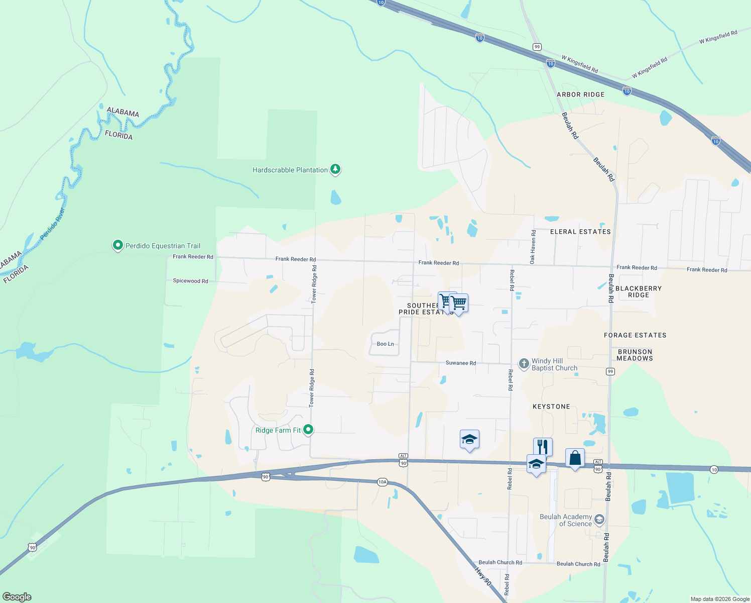 map of restaurants, bars, coffee shops, grocery stores, and more near 9780 Windy Hill Road in Pensacola