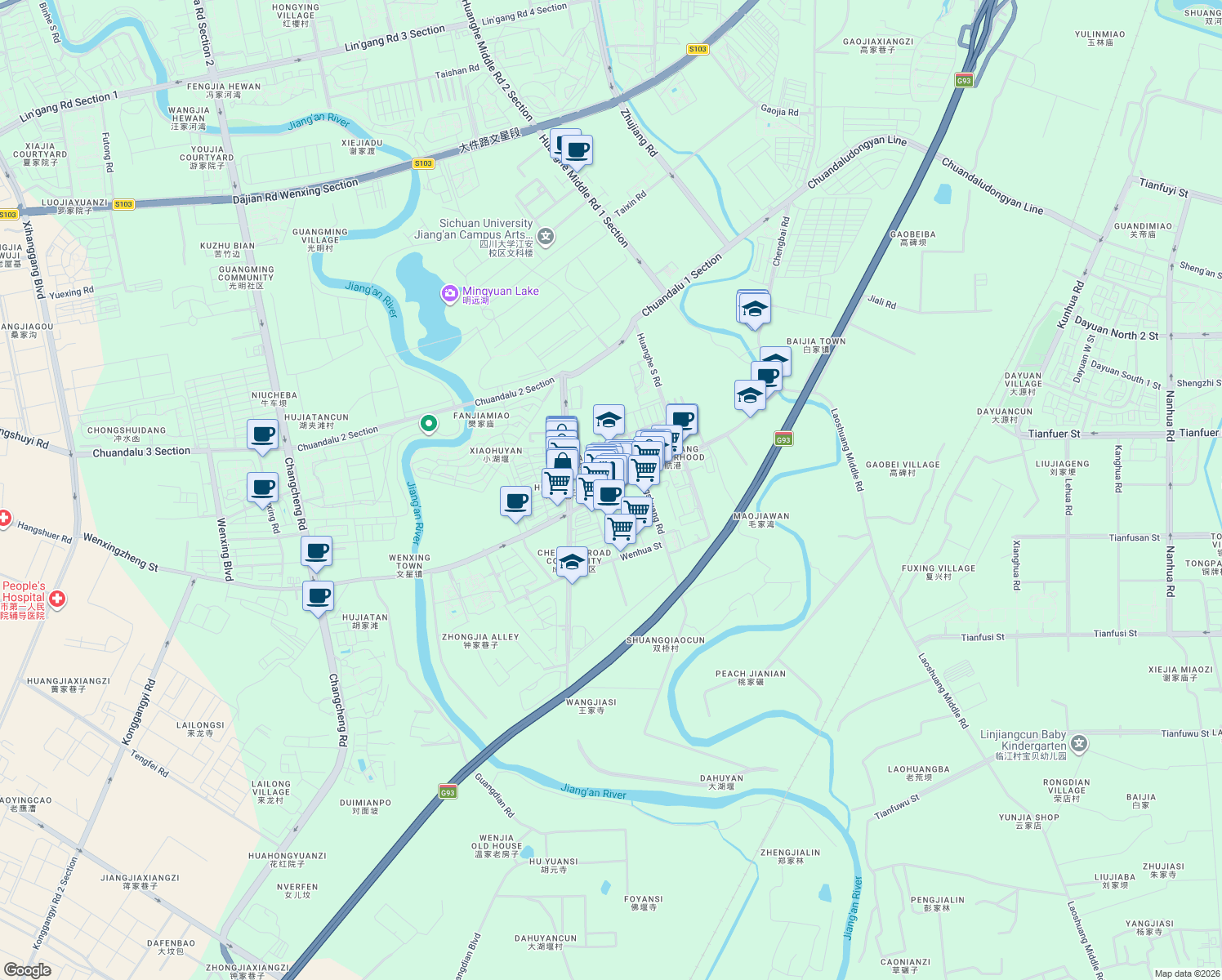 map of restaurants, bars, coffee shops, grocery stores, and more near Xi Hang Gang Xin Jie in Cheng Du Shi