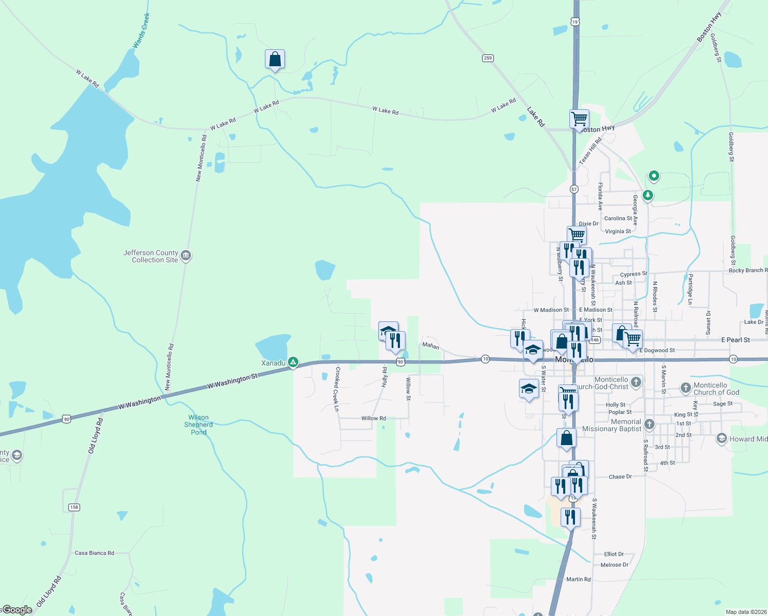map of restaurants, bars, coffee shops, grocery stores, and more near 68 East Hunter Lane in Monticello