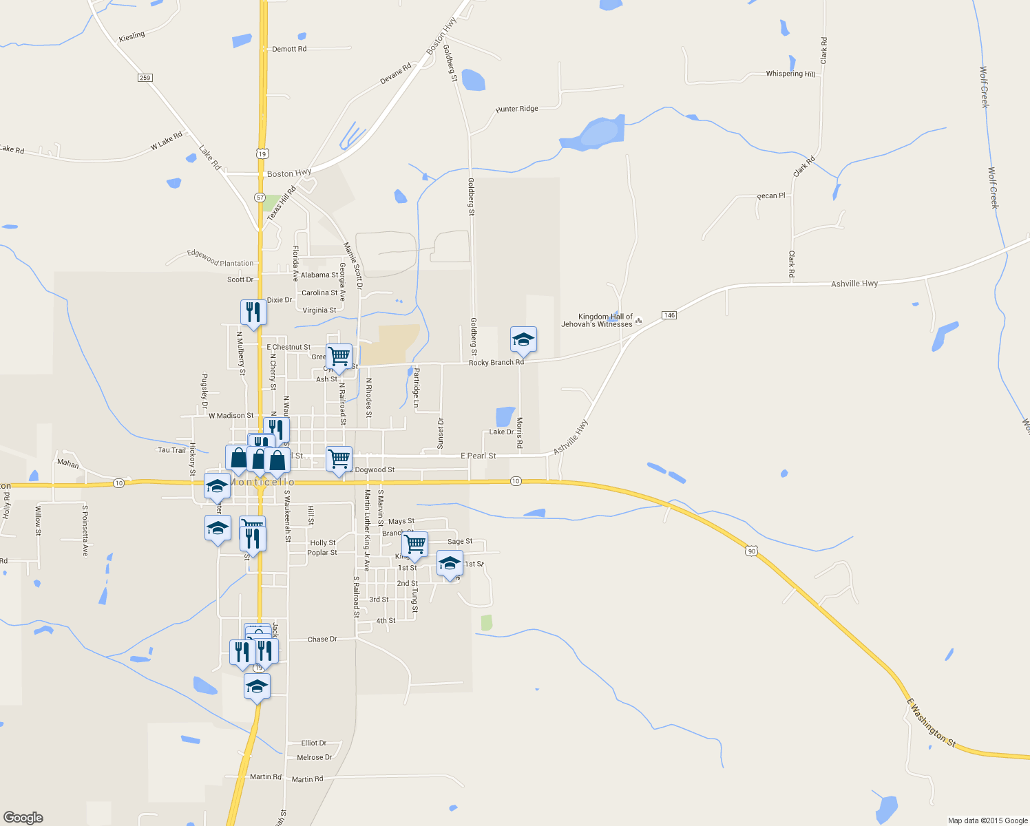 map of restaurants, bars, coffee shops, grocery stores, and more near 485 Morris Road in Monticello