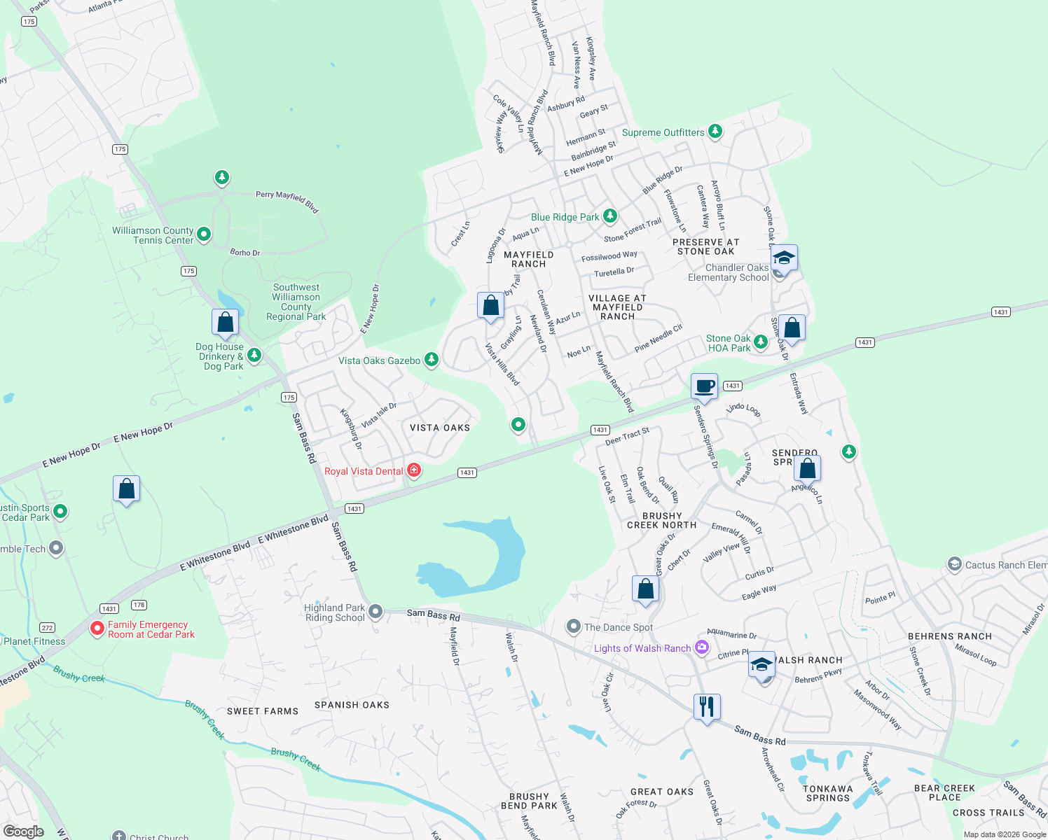 map of restaurants, bars, coffee shops, grocery stores, and more near 4006 Springwillow Lane in Round Rock