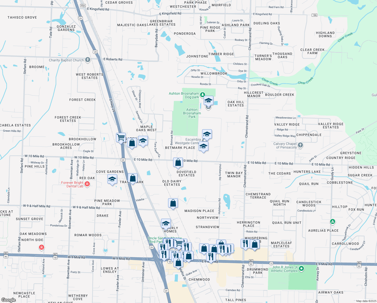 map of restaurants, bars, coffee shops, grocery stores, and more near 1118 Camaree Place in Pensacola