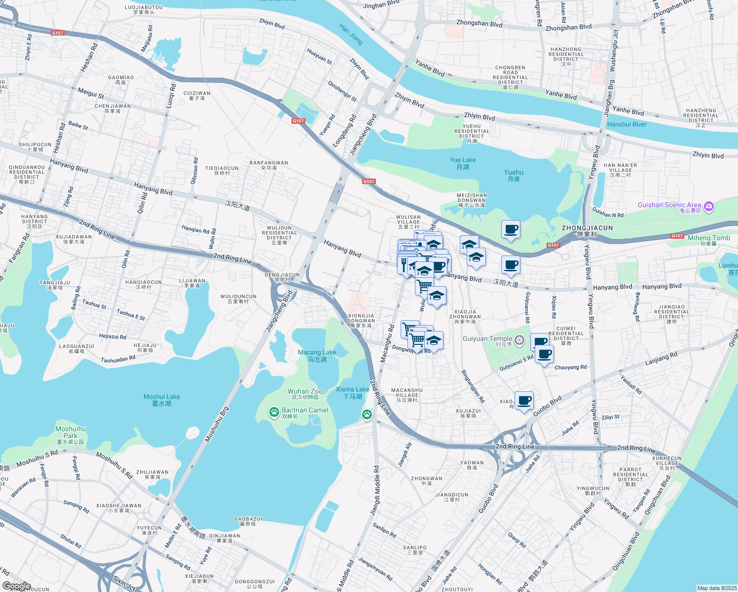 map of restaurants, bars, coffee shops, grocery stores, and more near 53 Mo Shui Hu Lu in Wu Han Shi