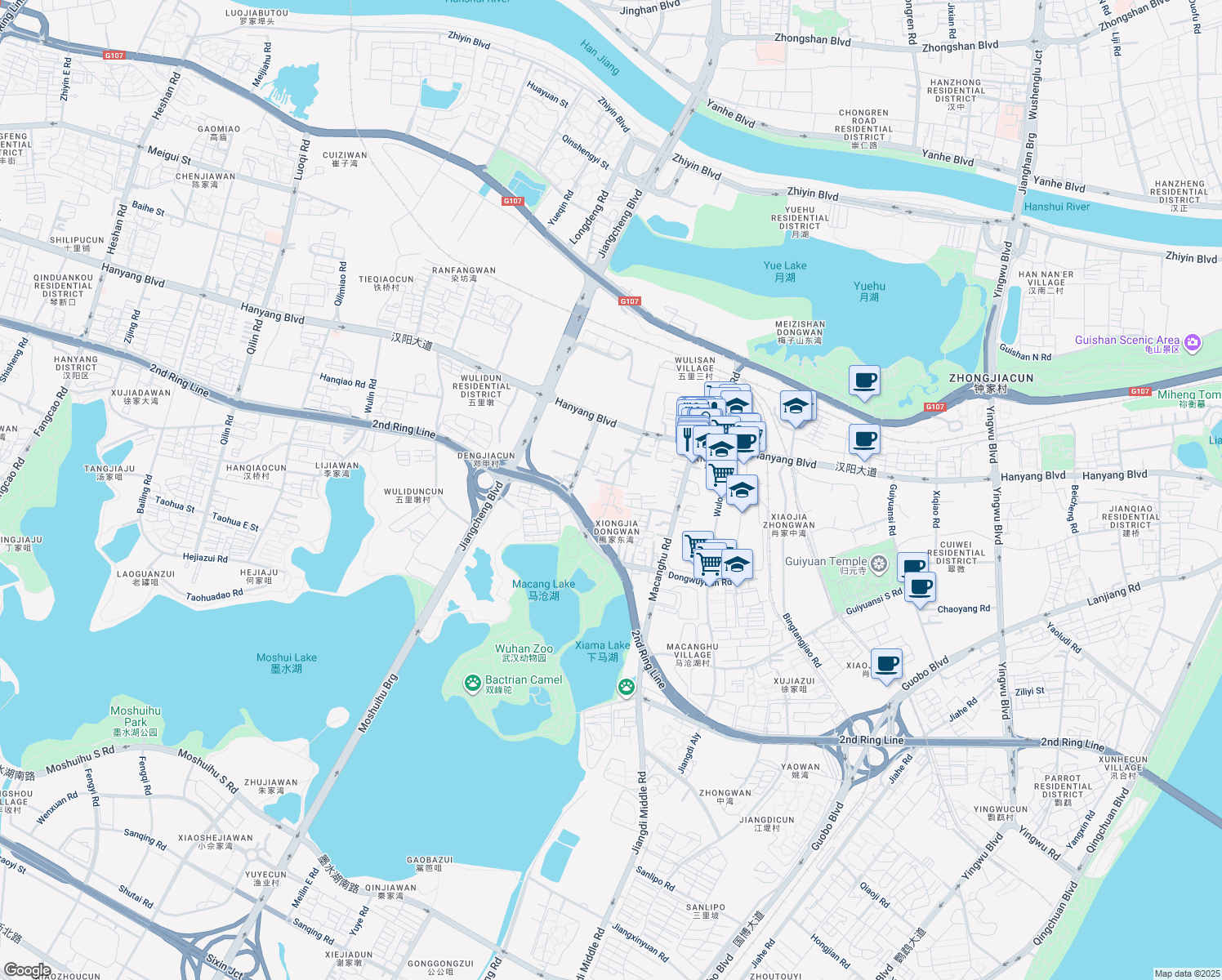 map of restaurants, bars, coffee shops, grocery stores, and more near 53 Mo Shui Hu Lu in Wu Han Shi