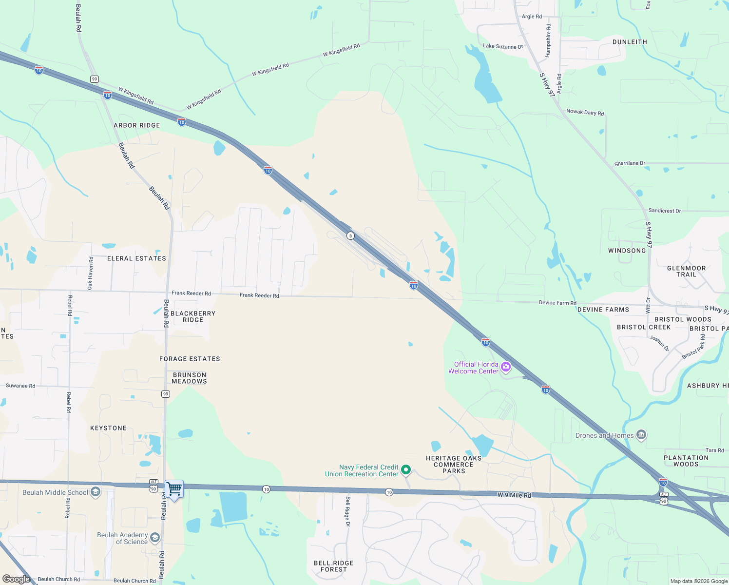map of restaurants, bars, coffee shops, grocery stores, and more near 5630 Frank Reeder Road in Pensacola