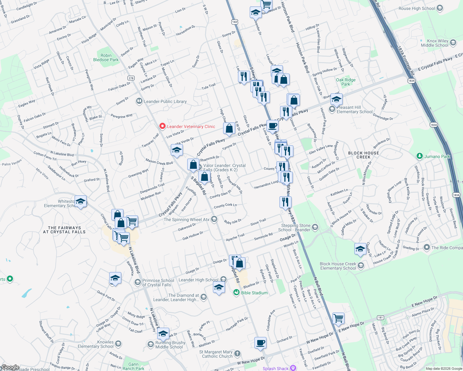 map of restaurants, bars, coffee shops, grocery stores, and more near 1915 Emerald Isle Drive in Leander