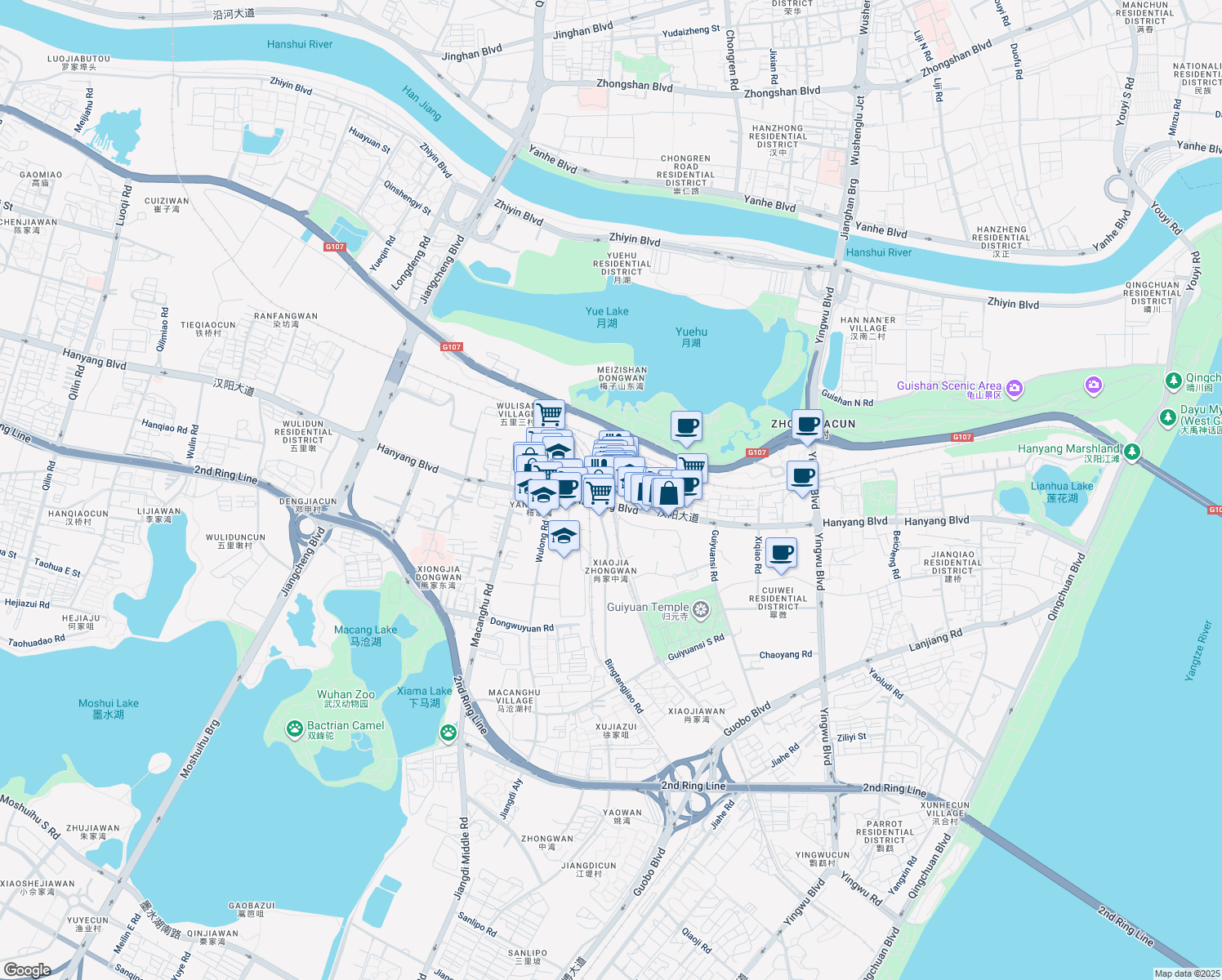 map of restaurants, bars, coffee shops, grocery stores, and more near 32 Che Zhan Qian Lu in Wu Han Shi