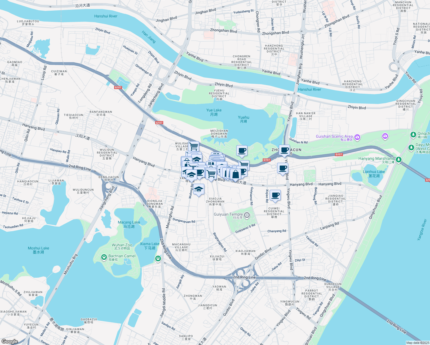 map of restaurants, bars, coffee shops, grocery stores, and more near 32 Che Zhan Qian Lu in Wu Han Shi