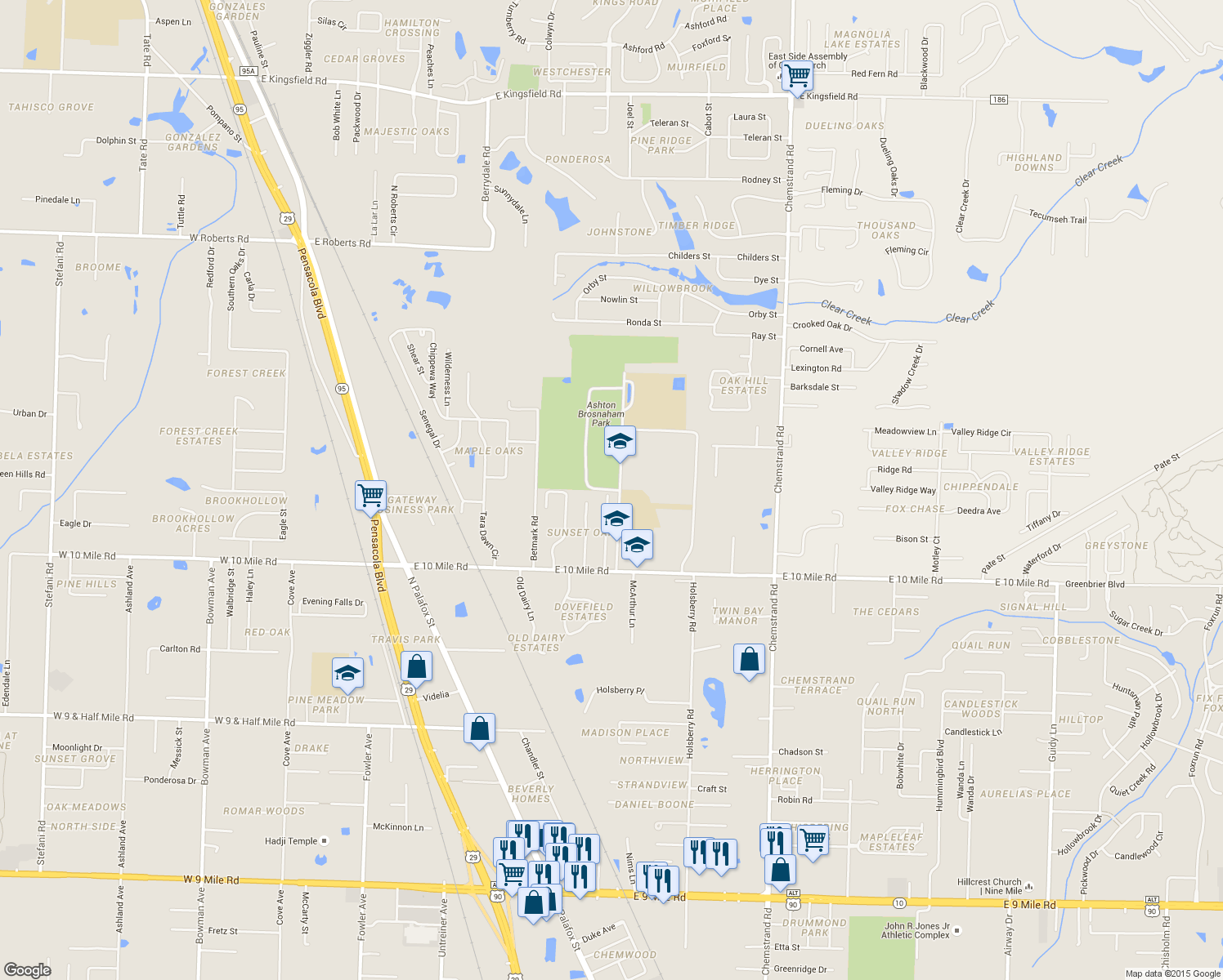 map of restaurants, bars, coffee shops, grocery stores, and more near 10470 Vineyard Lane in Pensacola