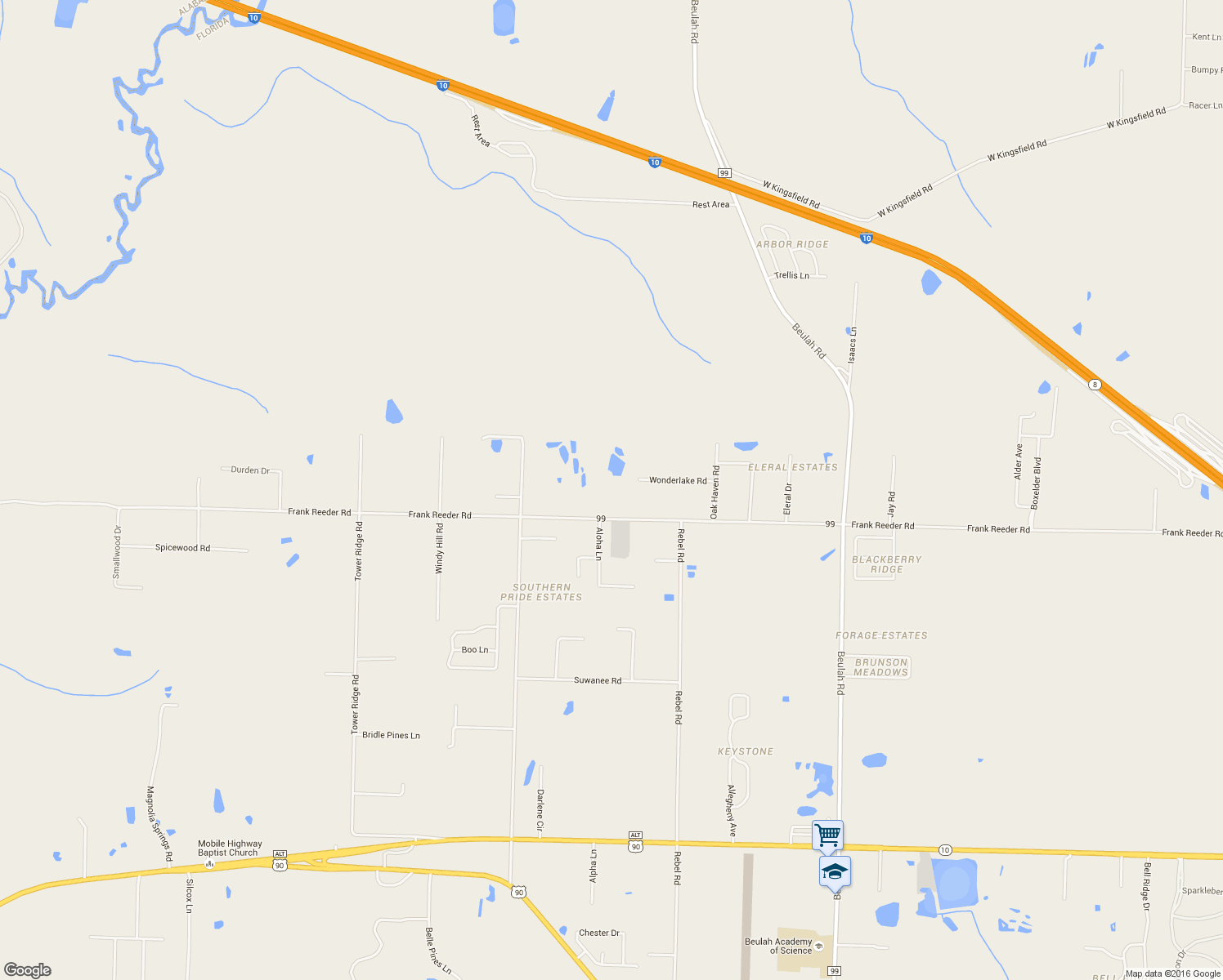 map of restaurants, bars, coffee shops, grocery stores, and more near 6614 Frank Reeder Road in Pensacola