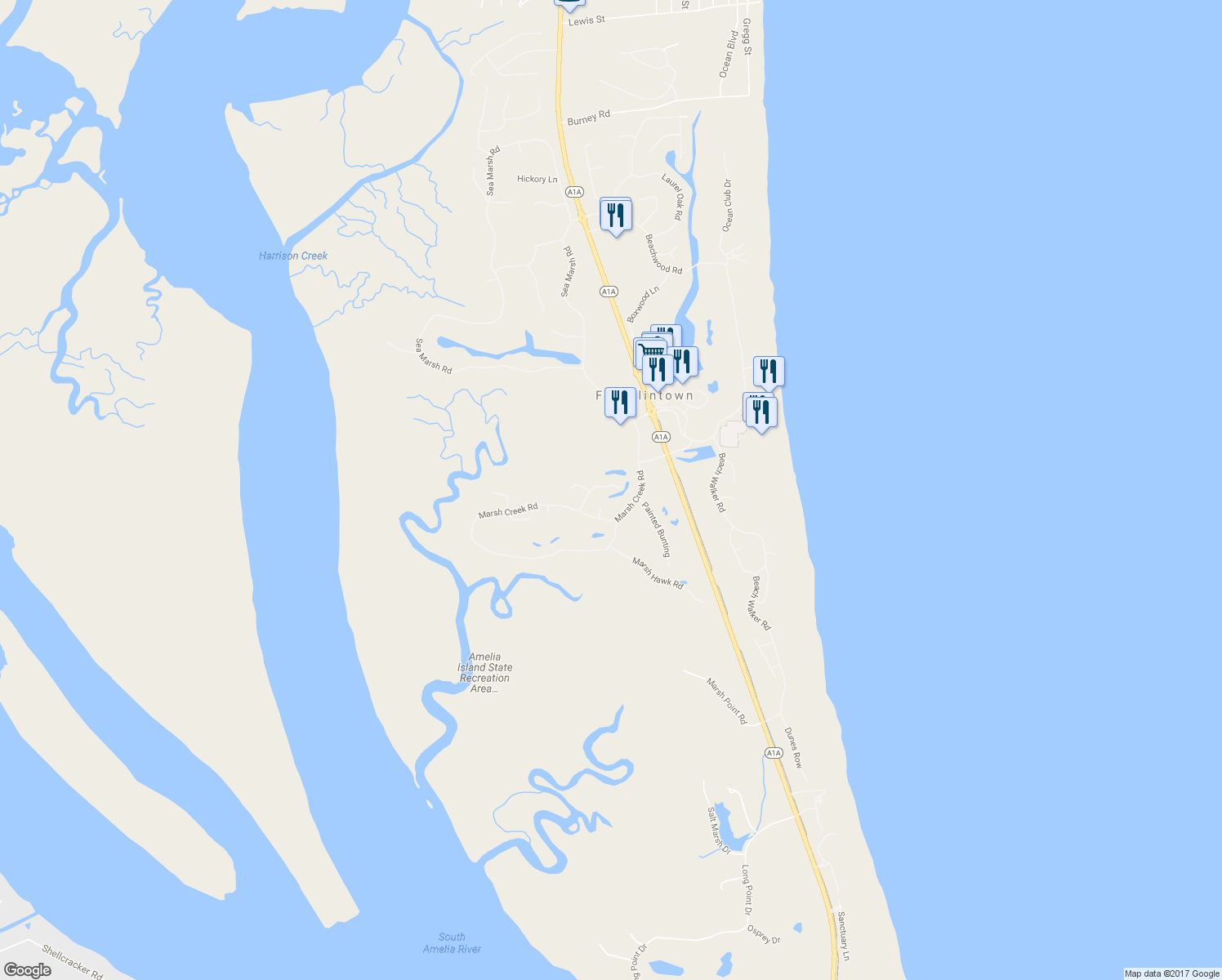 map of restaurants, bars, coffee shops, grocery stores, and more near 19 Belted Kingfisher Road in Fernandina Beach
