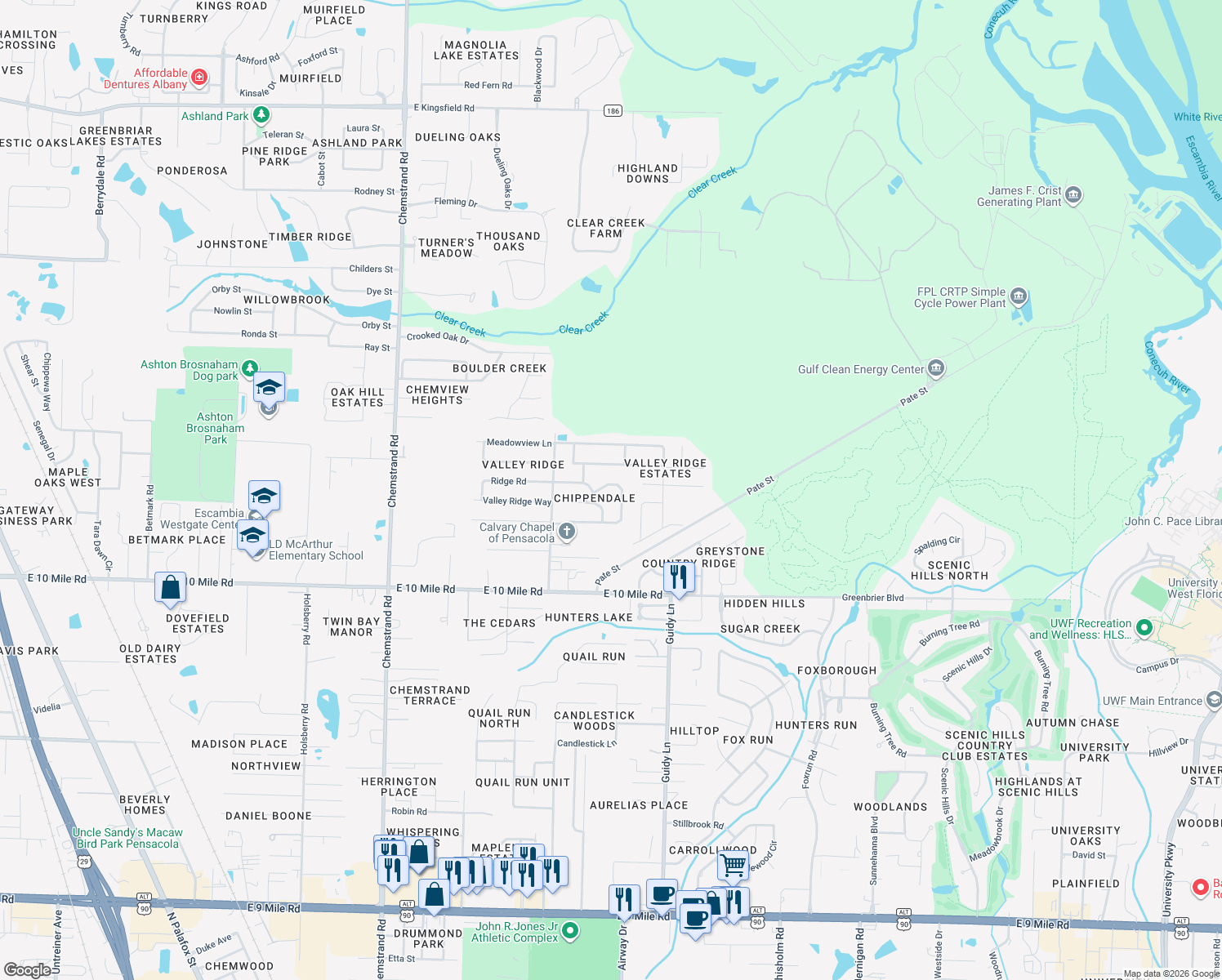 map of restaurants, bars, coffee shops, grocery stores, and more near 941 Deedra Avenue in Pensacola