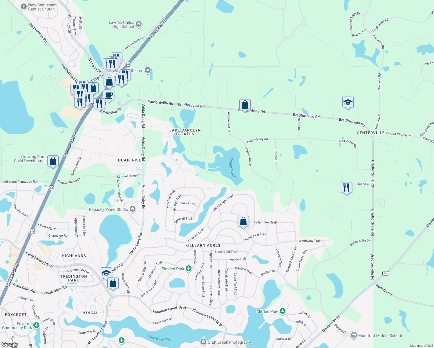 map of restaurants, bars, coffee shops, grocery stores, and more near 4305 Cripple Creek Drive in Tallahassee