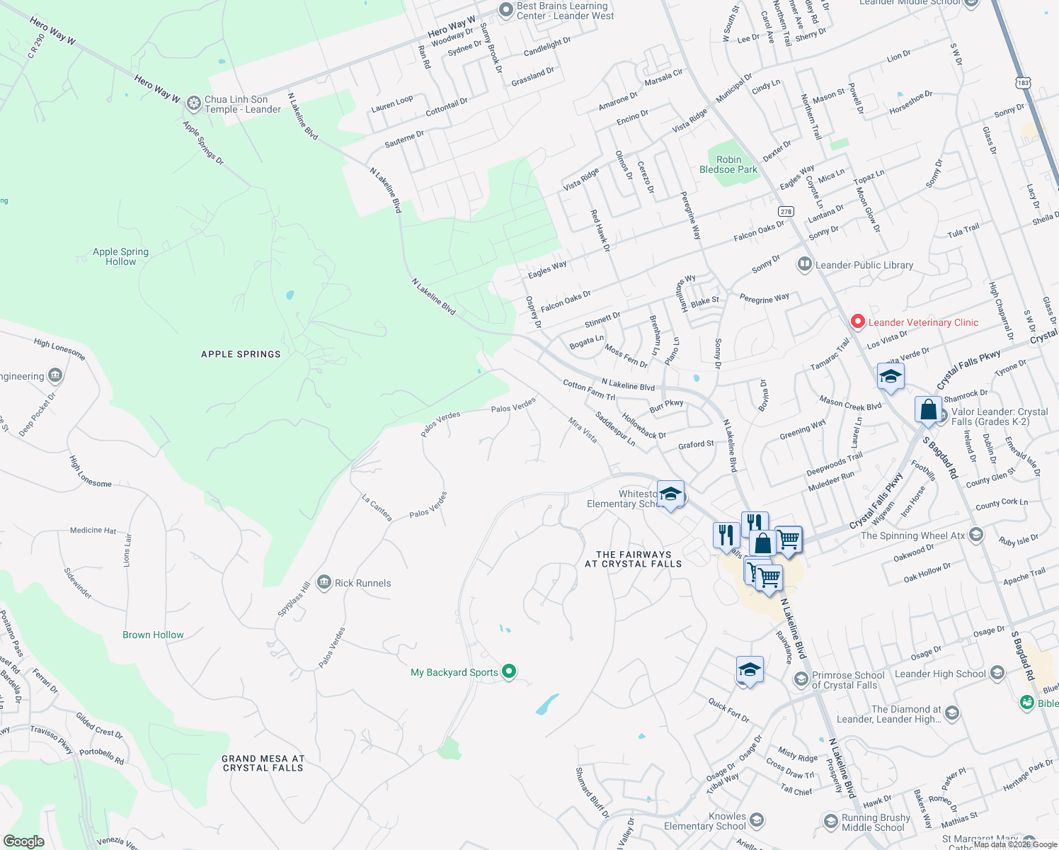map of restaurants, bars, coffee shops, grocery stores, and more near 702 Timarron in Leander