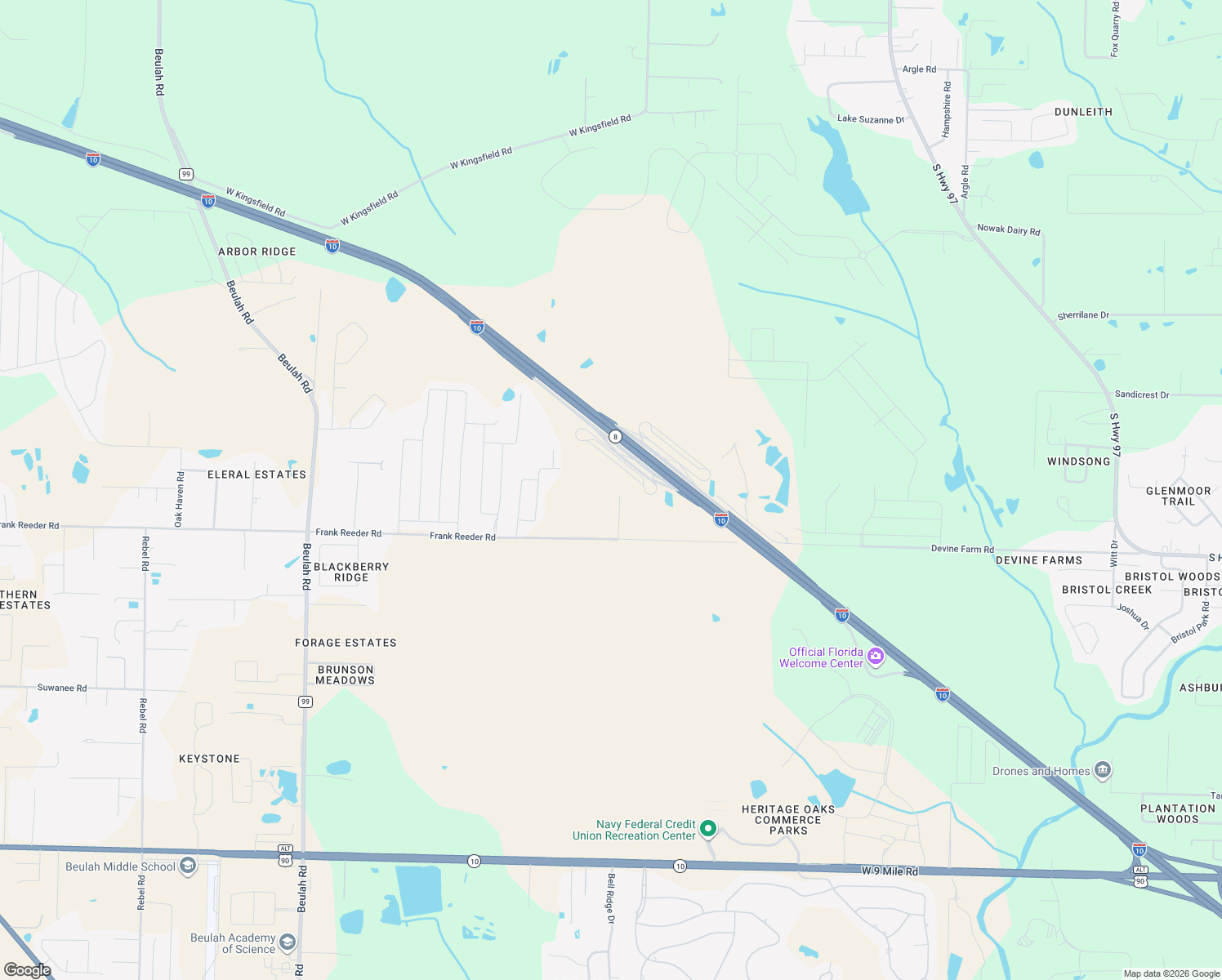 map of restaurants, bars, coffee shops, grocery stores, and more near 5710 Frank Reeder Road in Pensacola
