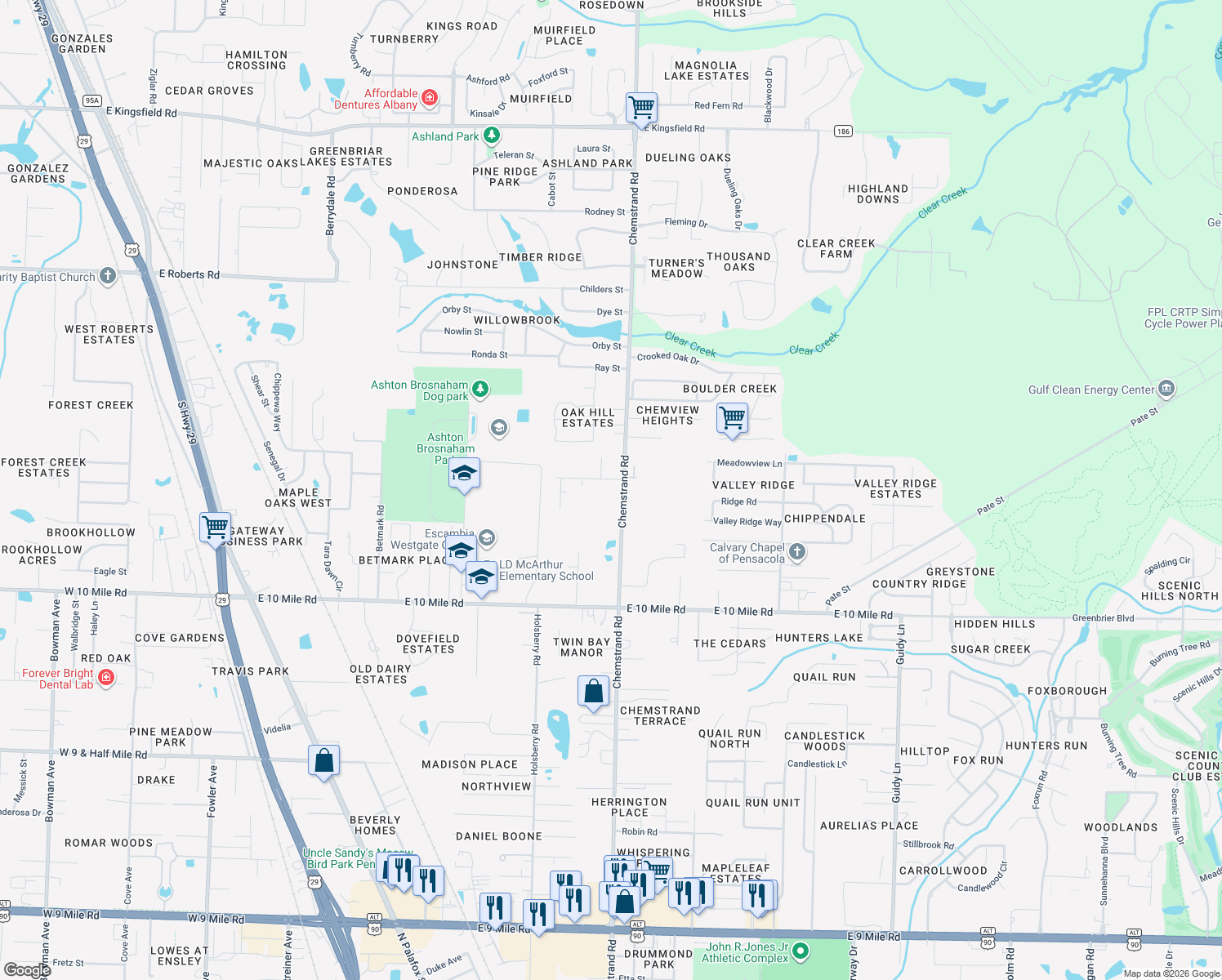 map of restaurants, bars, coffee shops, grocery stores, and more near 10500 Chemstrand Road in Pensacola