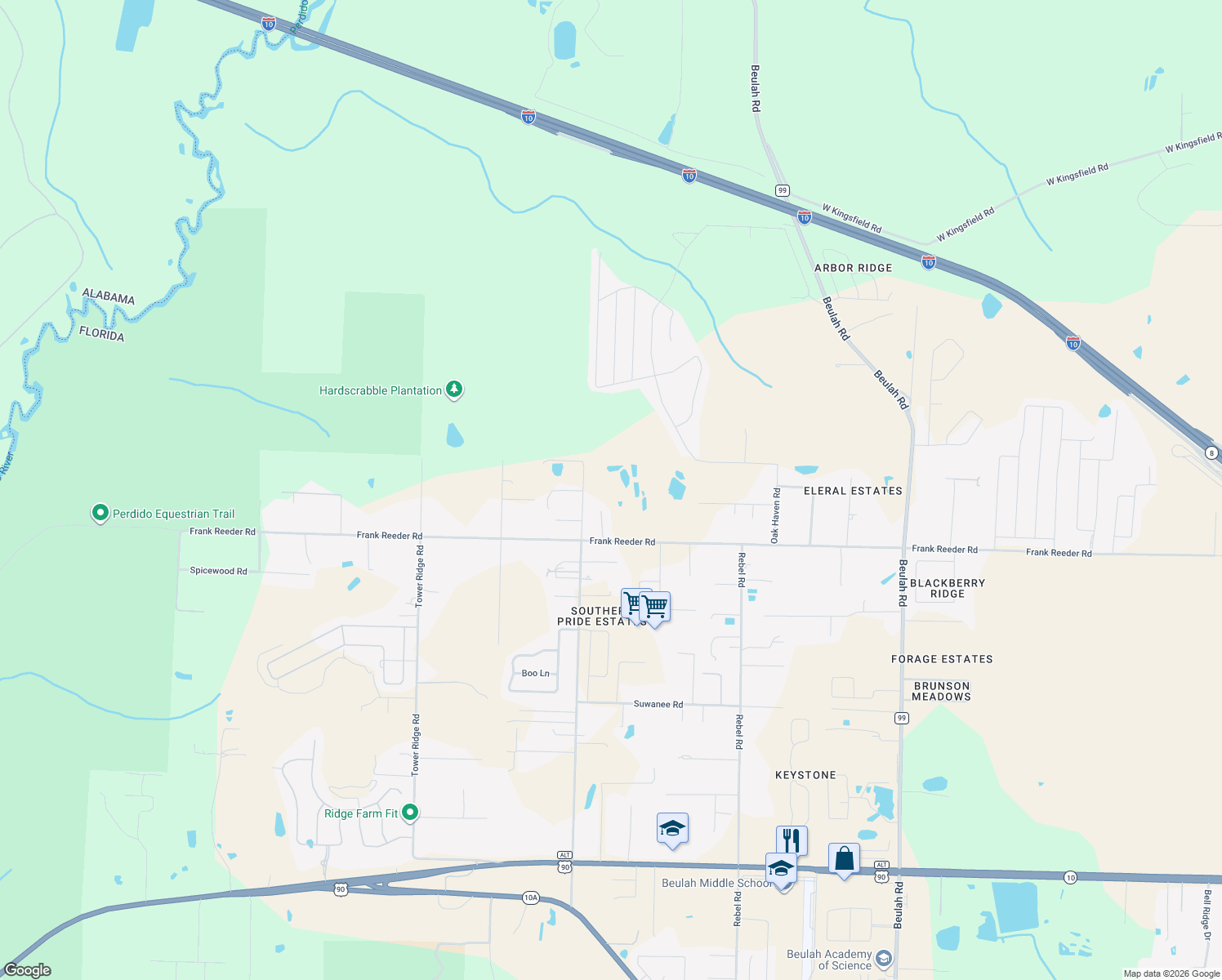 map of restaurants, bars, coffee shops, grocery stores, and more near 6640 Frank Reeder Road in Pensacola