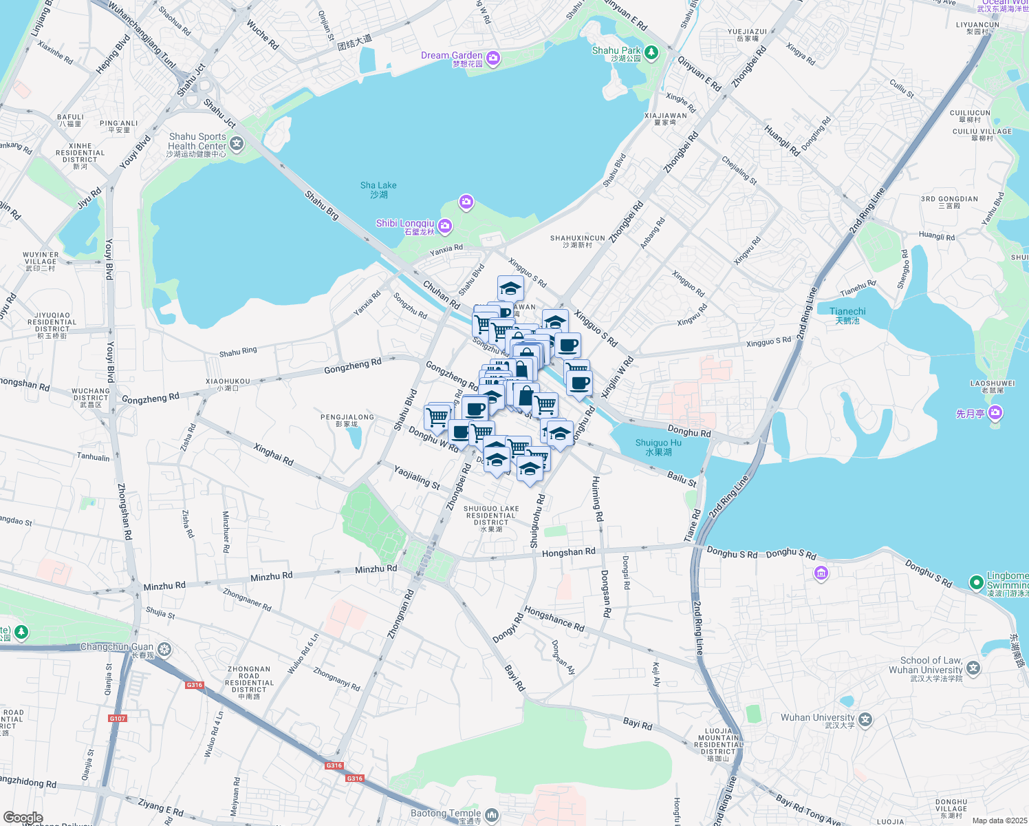 map of restaurants, bars, coffee shops, grocery stores, and more near Bai Lu Jie in Wu Han Shi