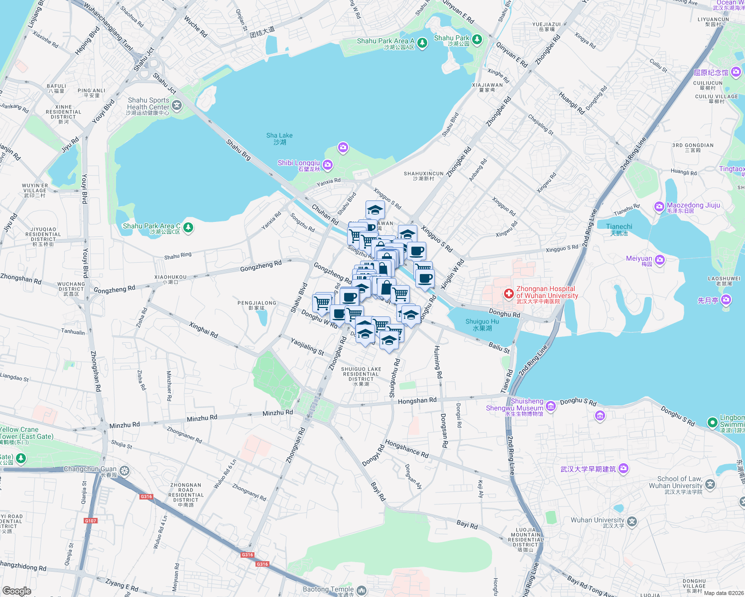 map of restaurants, bars, coffee shops, grocery stores, and more near Bai Lu Jie in Wu Han Shi