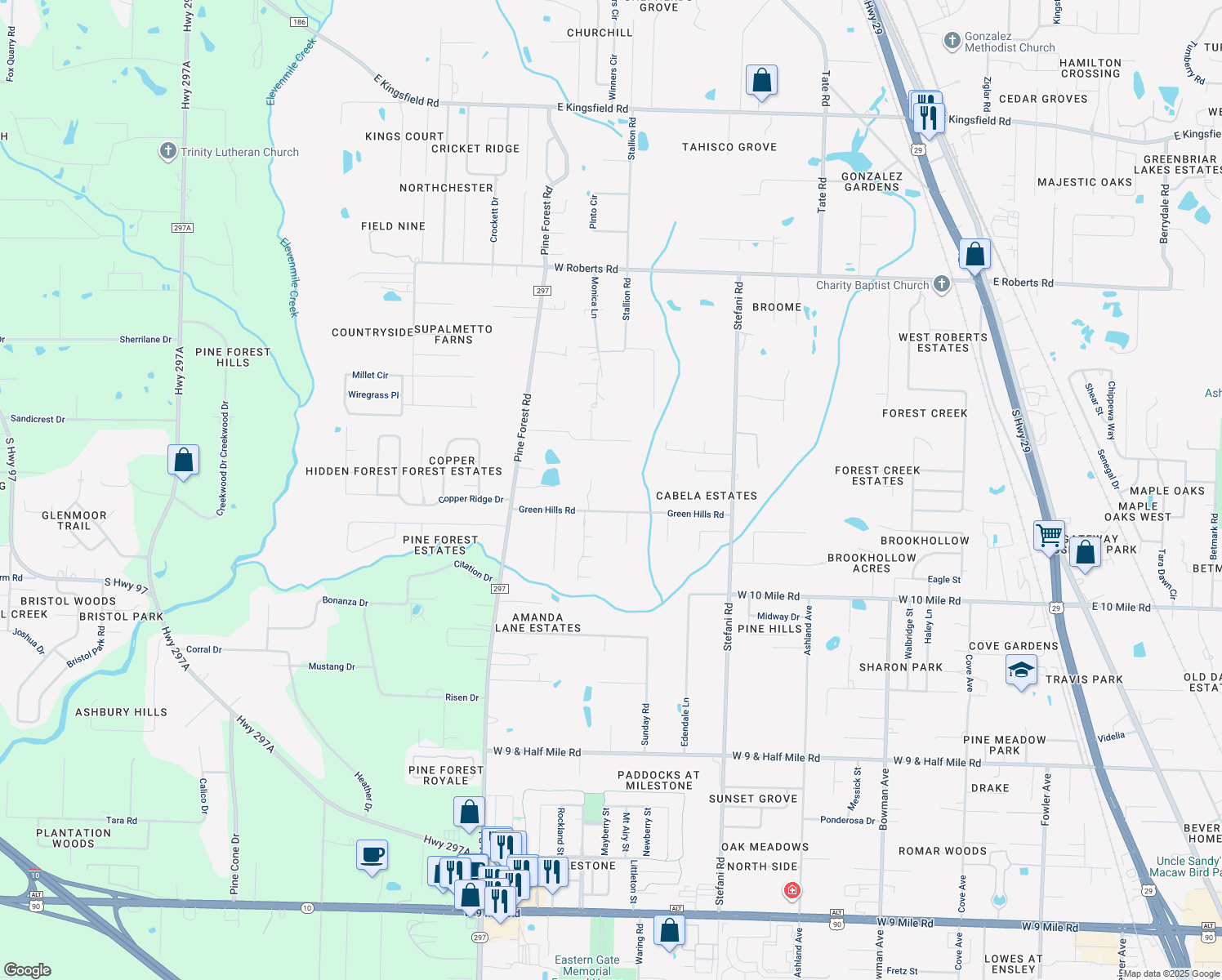 map of restaurants, bars, coffee shops, grocery stores, and more near 870 Green Hills Road in Gonzalez