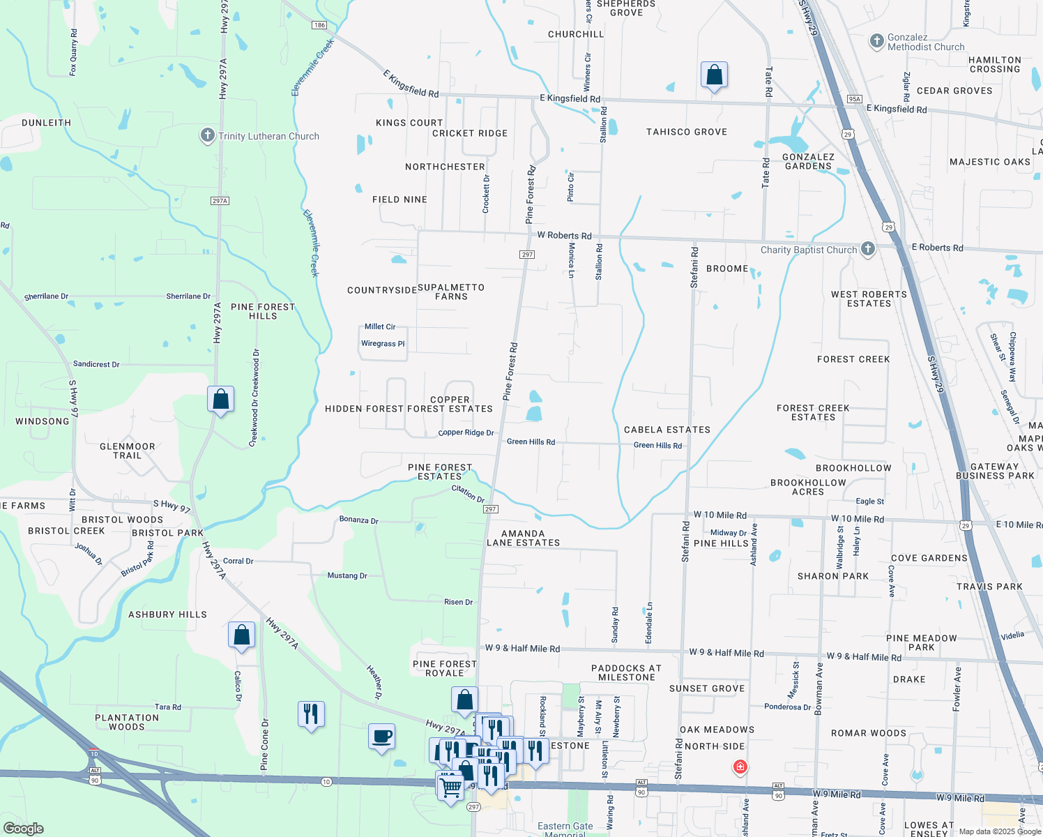 map of restaurants, bars, coffee shops, grocery stores, and more near 3160 Pine Forest Road in Gonzalez