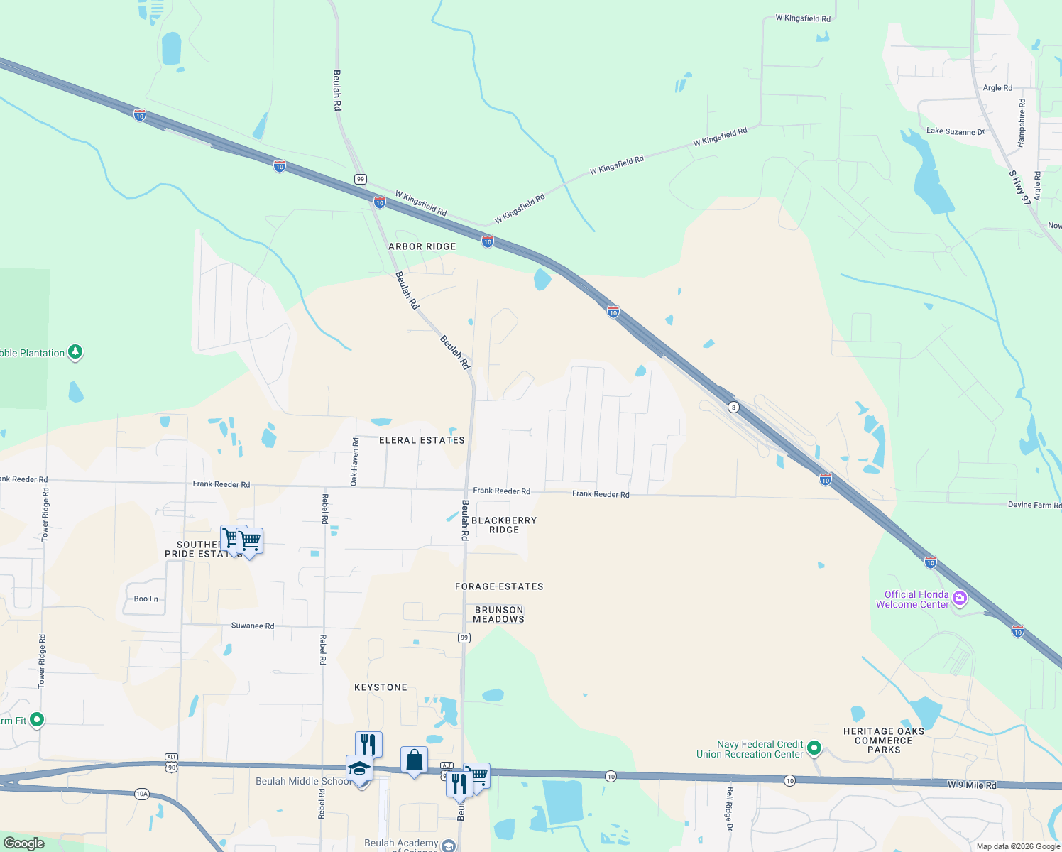 map of restaurants, bars, coffee shops, grocery stores, and more near 9994 Jay Road in Pensacola