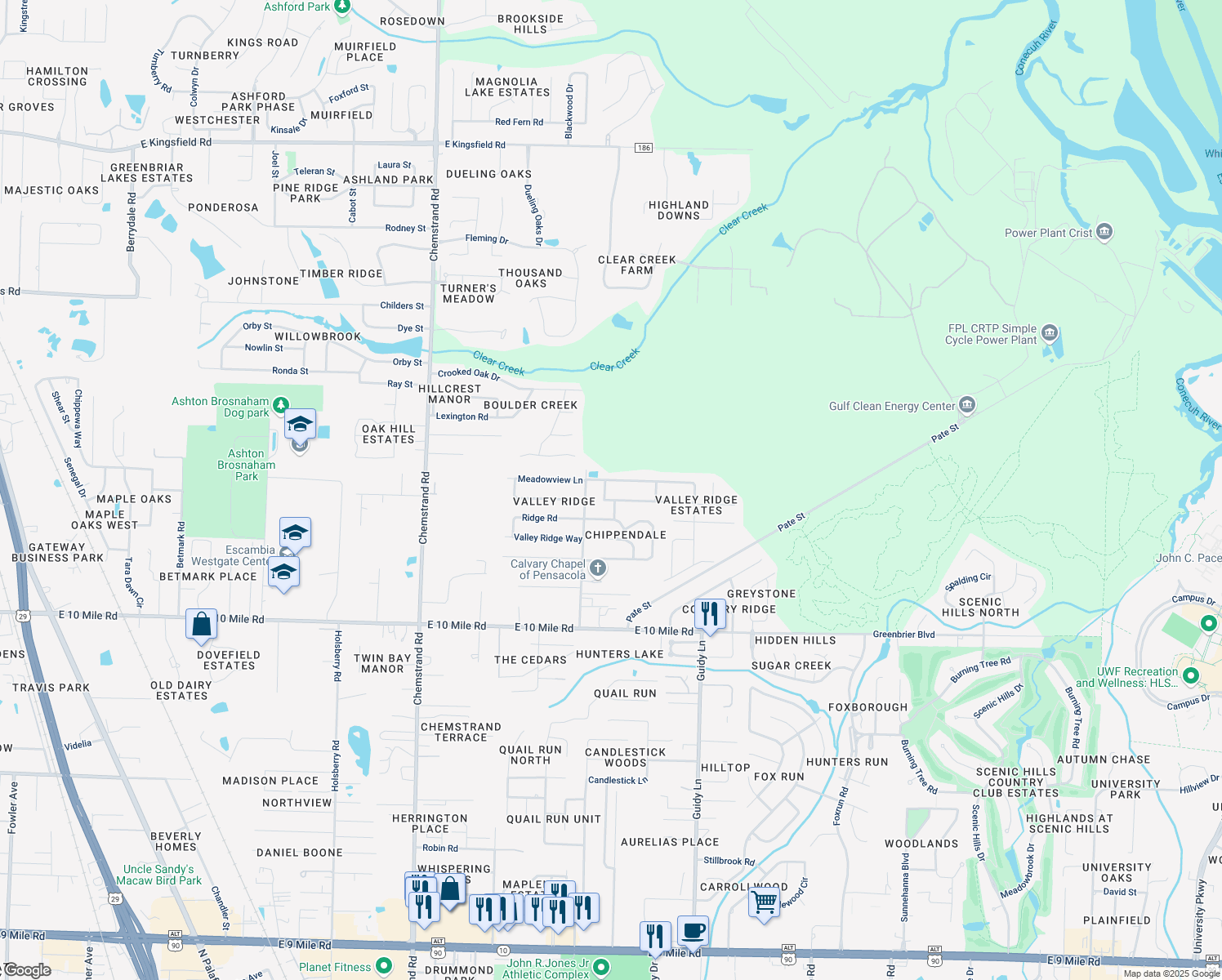 map of restaurants, bars, coffee shops, grocery stores, and more near 877 Valley Ridge Circle in Pensacola