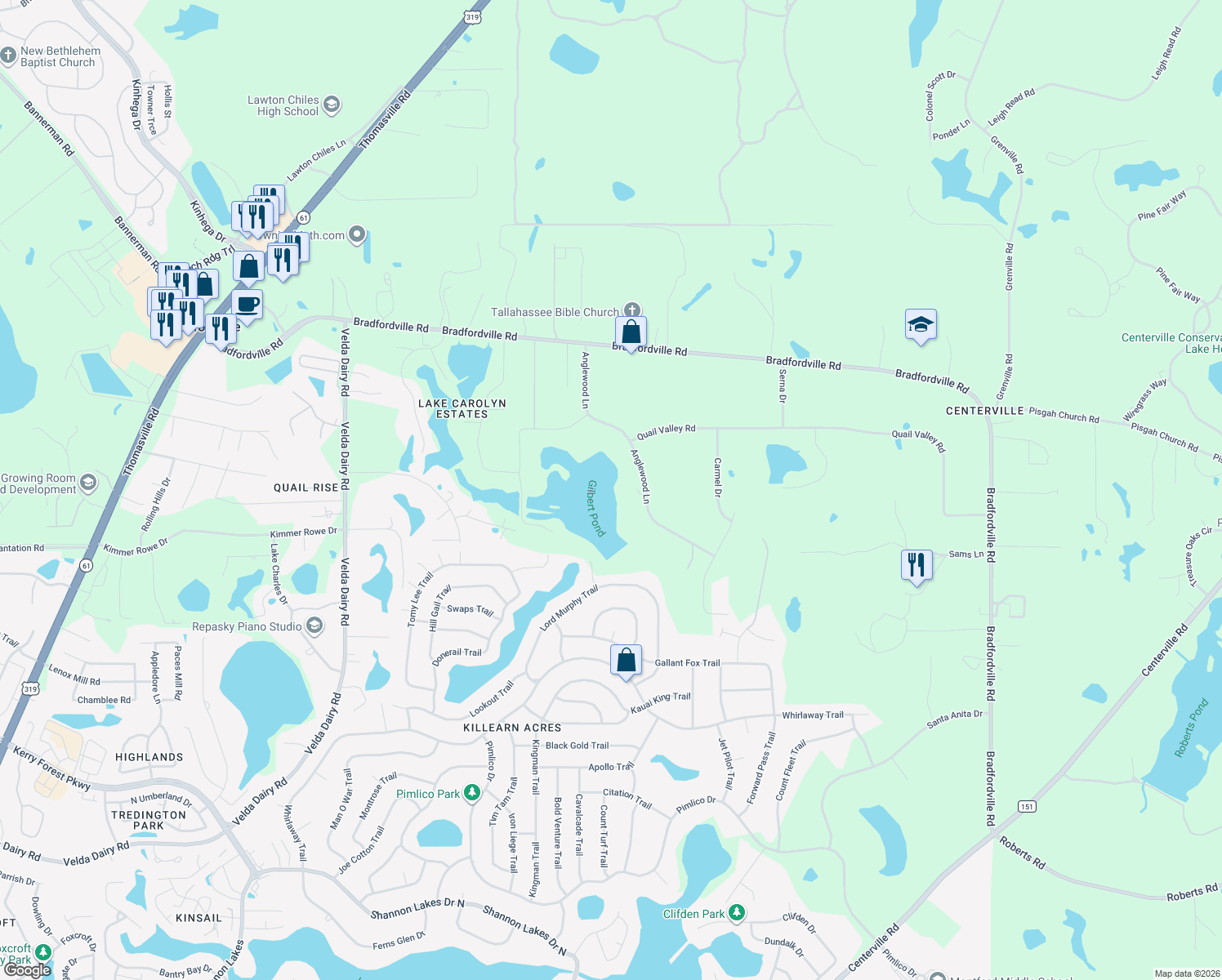 map of restaurants, bars, coffee shops, grocery stores, and more near 7214 Anglewood Lane in Tallahassee